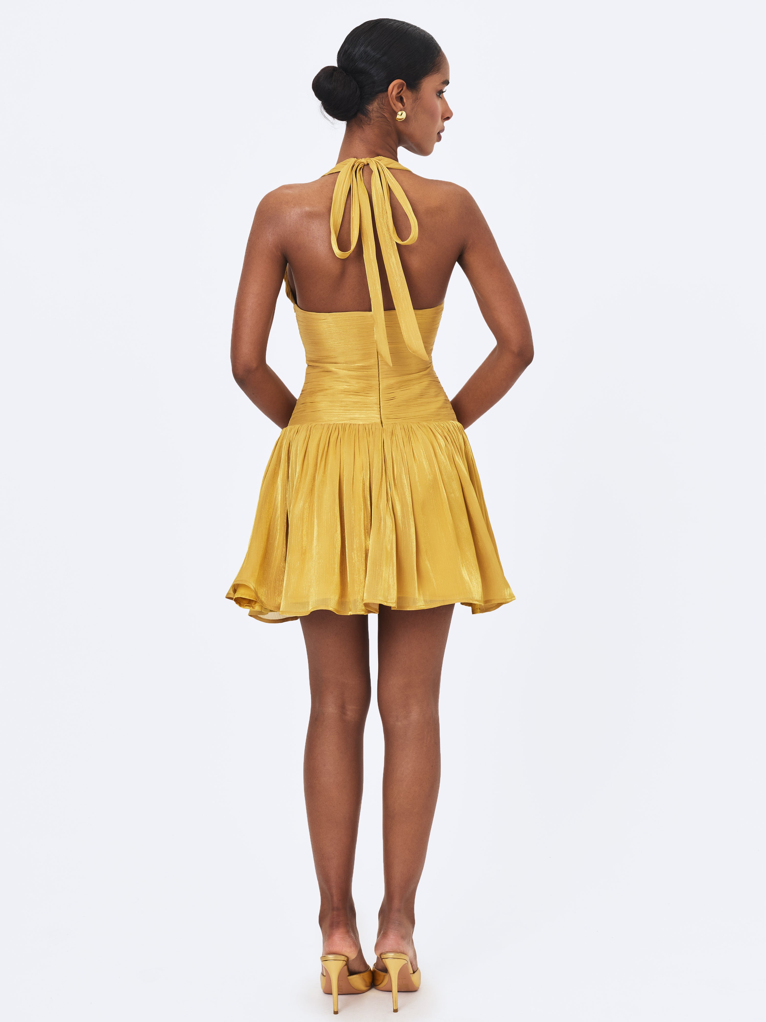 Xavia Gold Crystal Organza Plunging Halter Mini Dress
