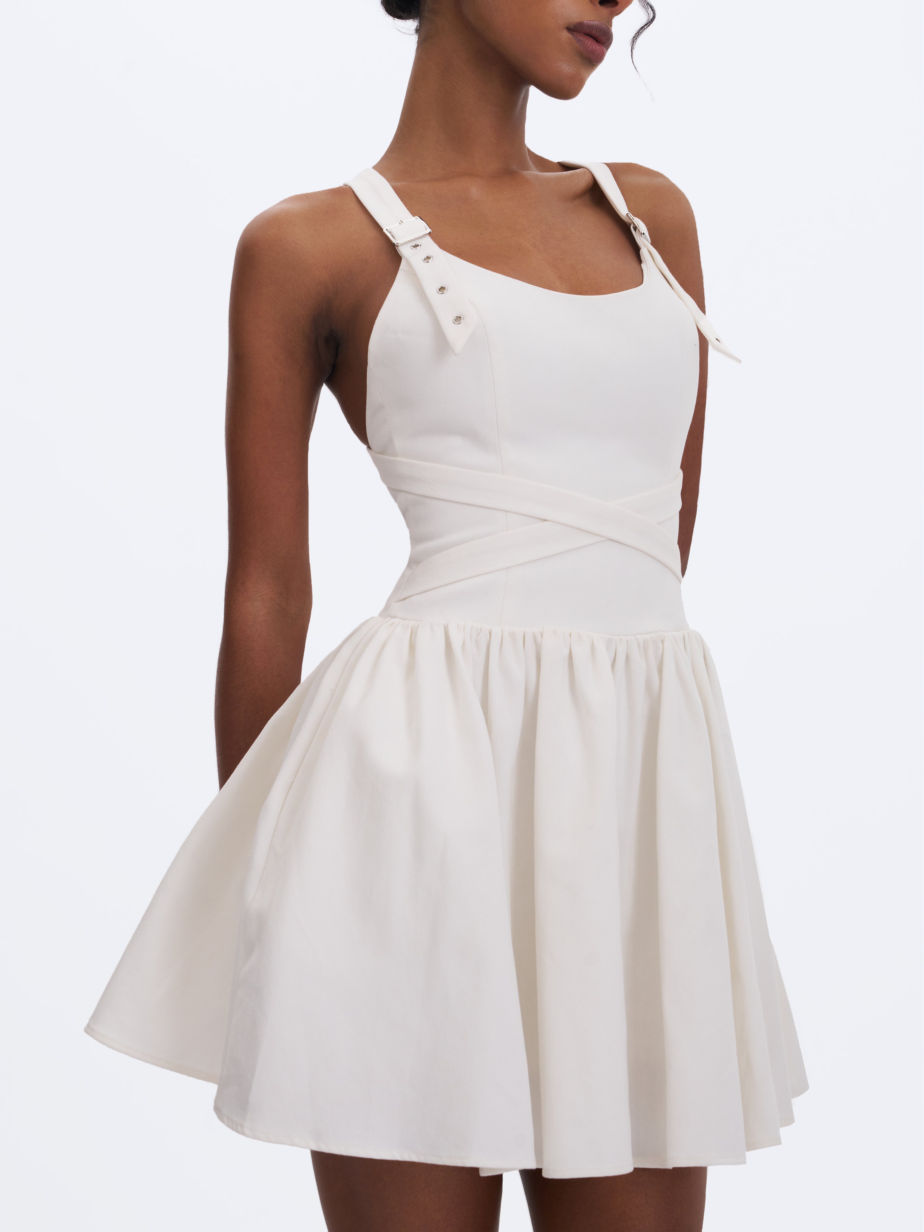 Francine White Cotton Denim Crossover Strap Mini Dress