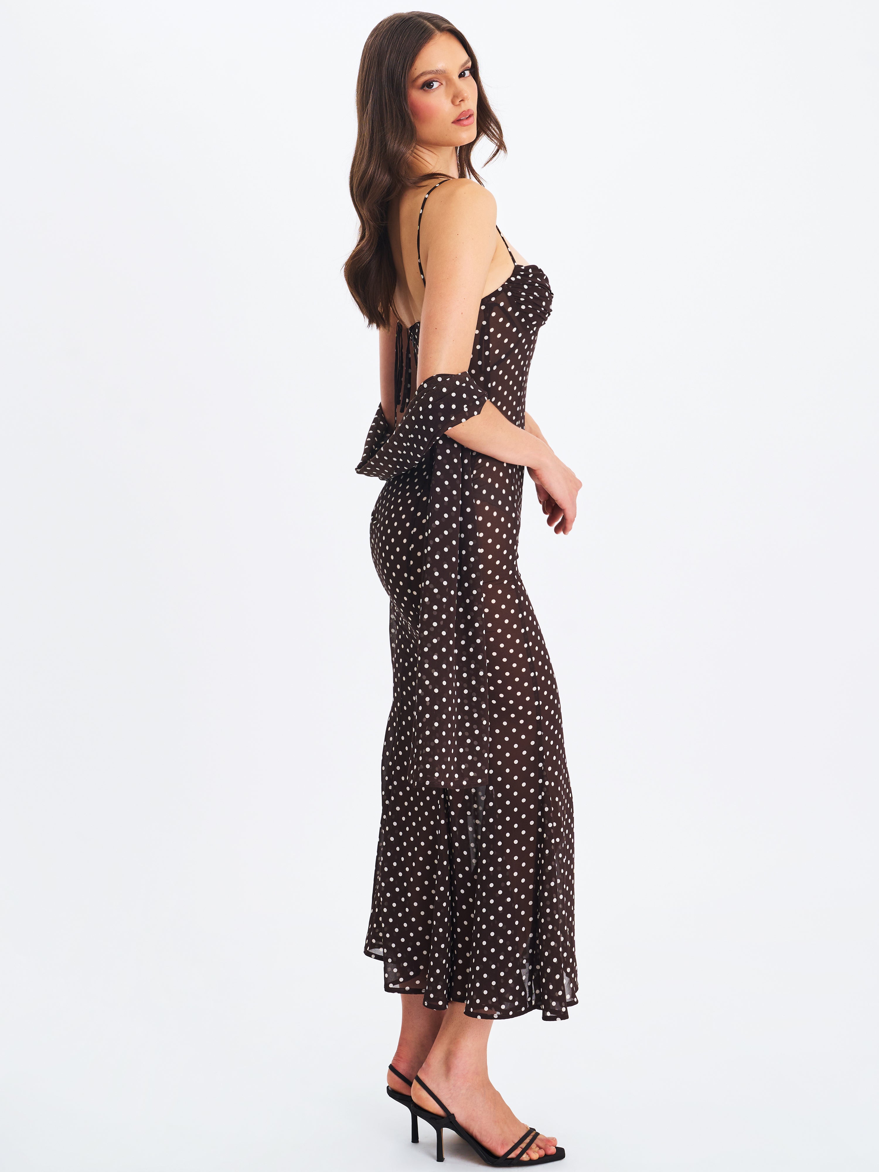Yadira Brown Base Polka Dot Chiffon Maxi Dress