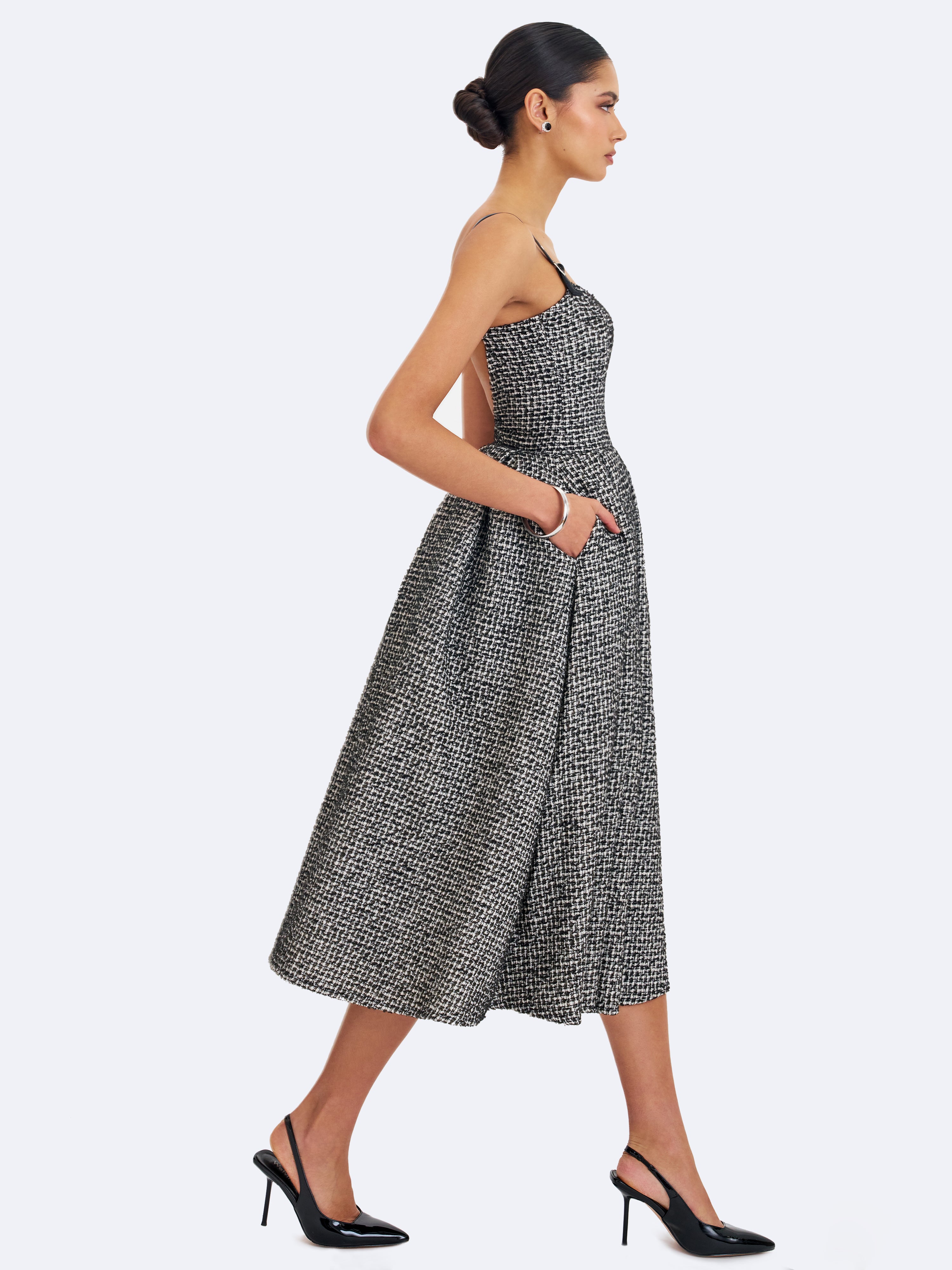 Katalina Black & White Tweed Backless Midi Dress