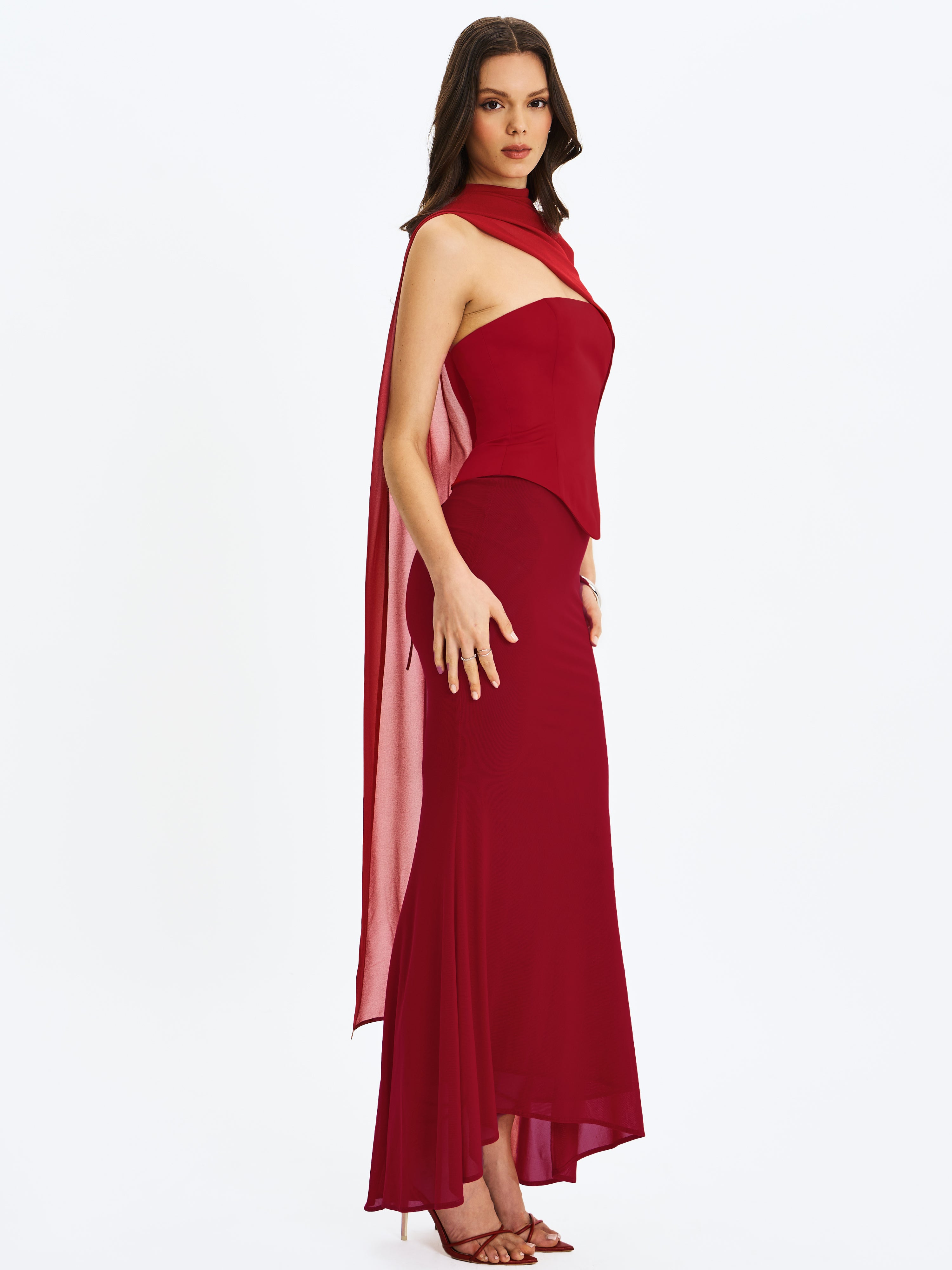 Giselle Crimson Peplum Mermaid Gown with Chiffon Scarf