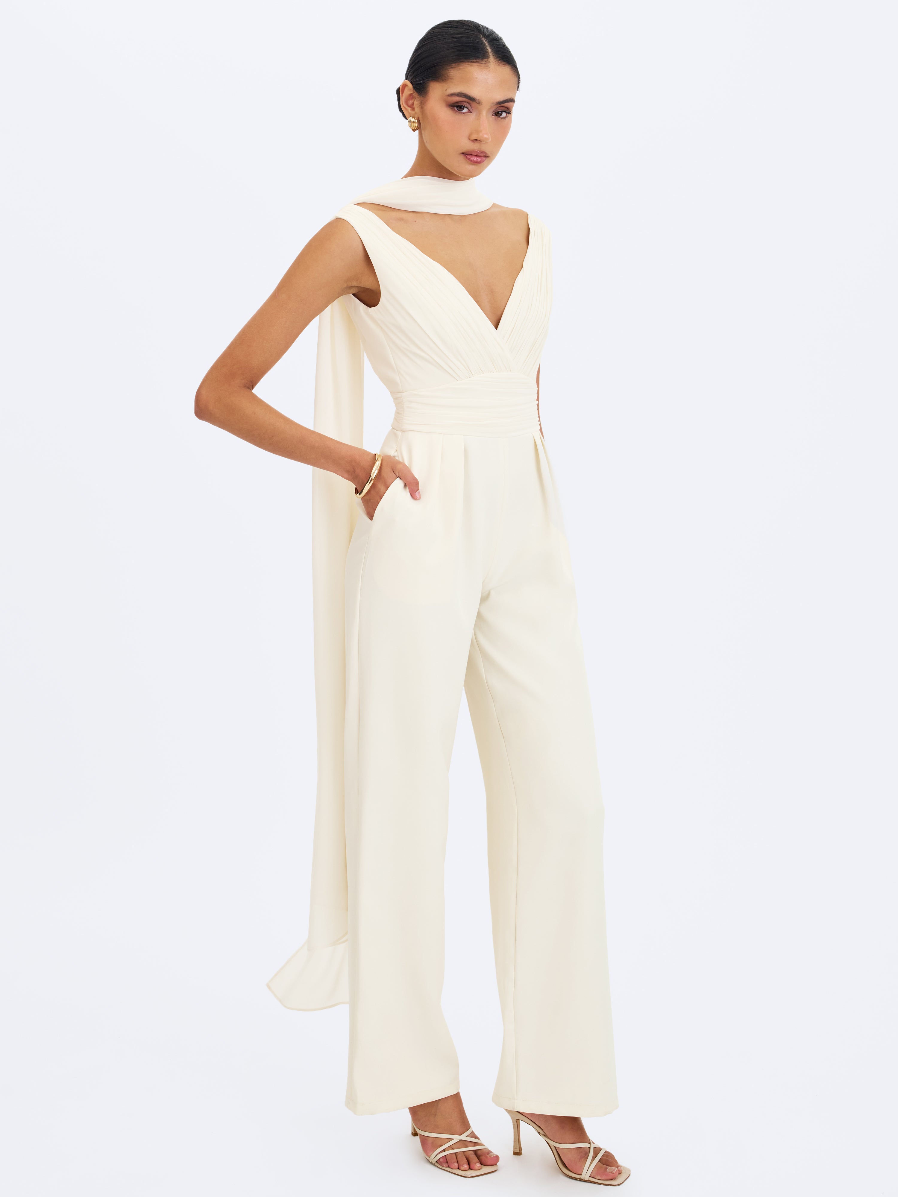 Harper Ivory Ruched V-Neck Jumpsuit with Scarf