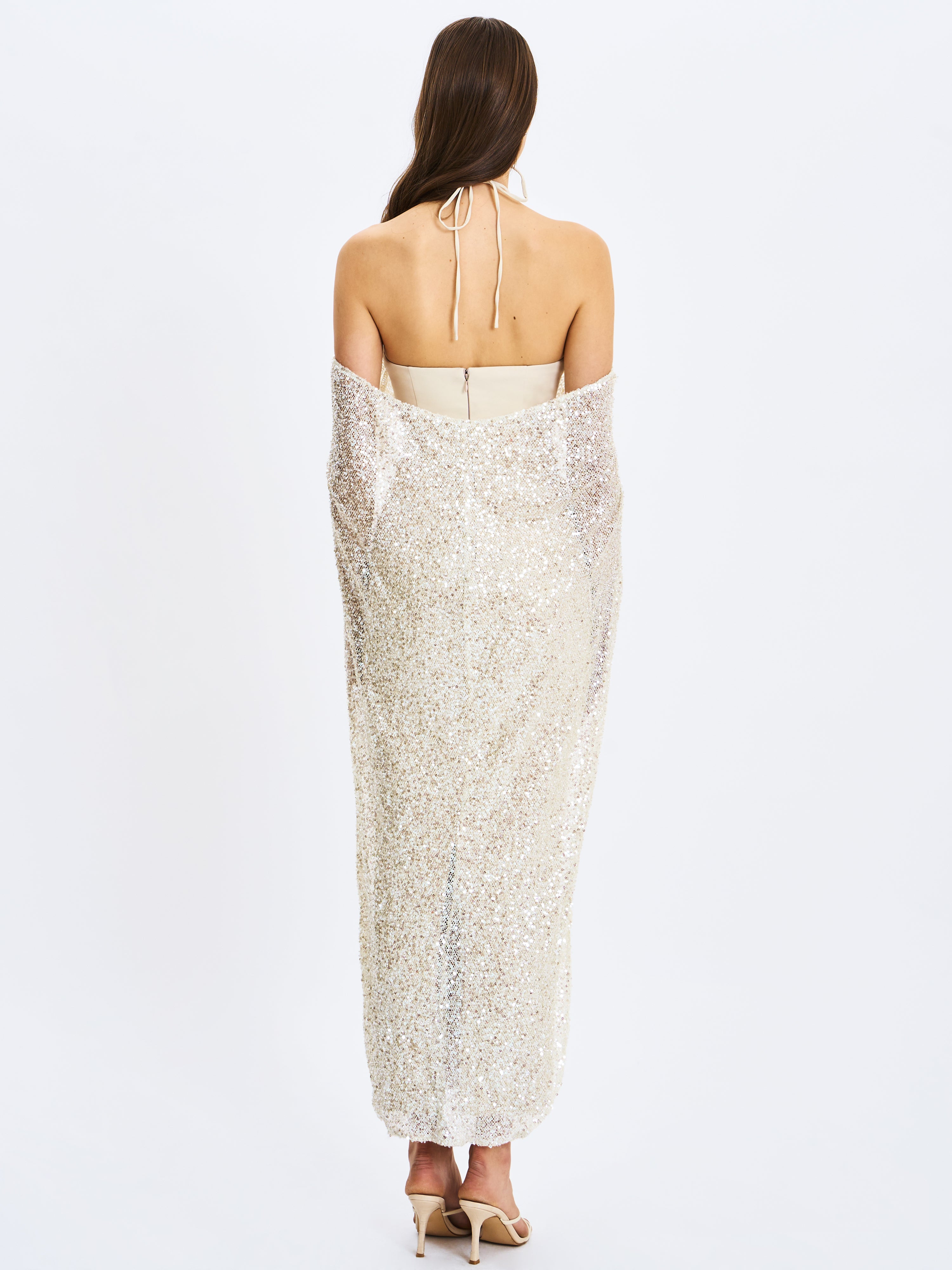 Quimera Almond Beaded Cape Halter Off-Shoulder Maxi Gown