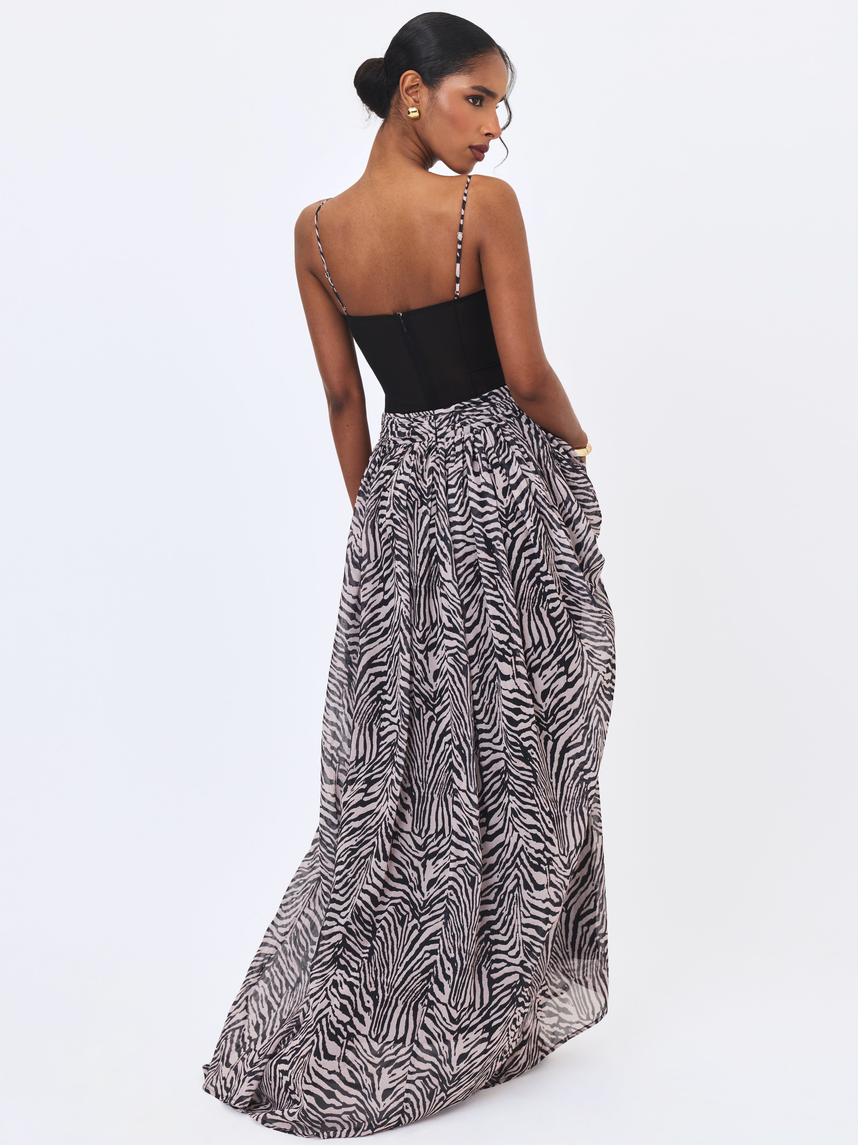 Onora Zebra Print Chiffon Dipped Waist Maxi Dress