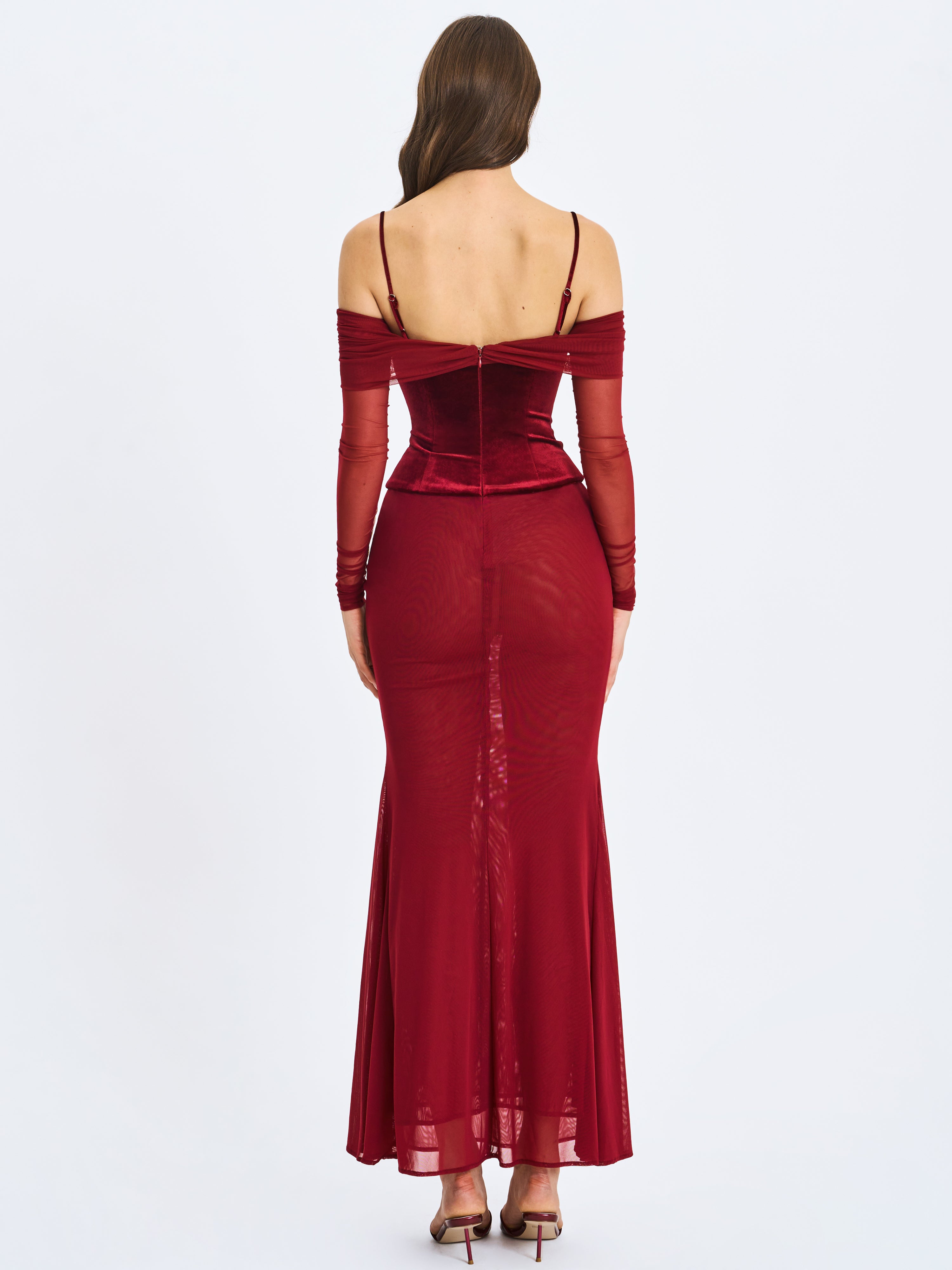 Maybelle Magenta Bardot Lace Strap Peplum Maxi Dress