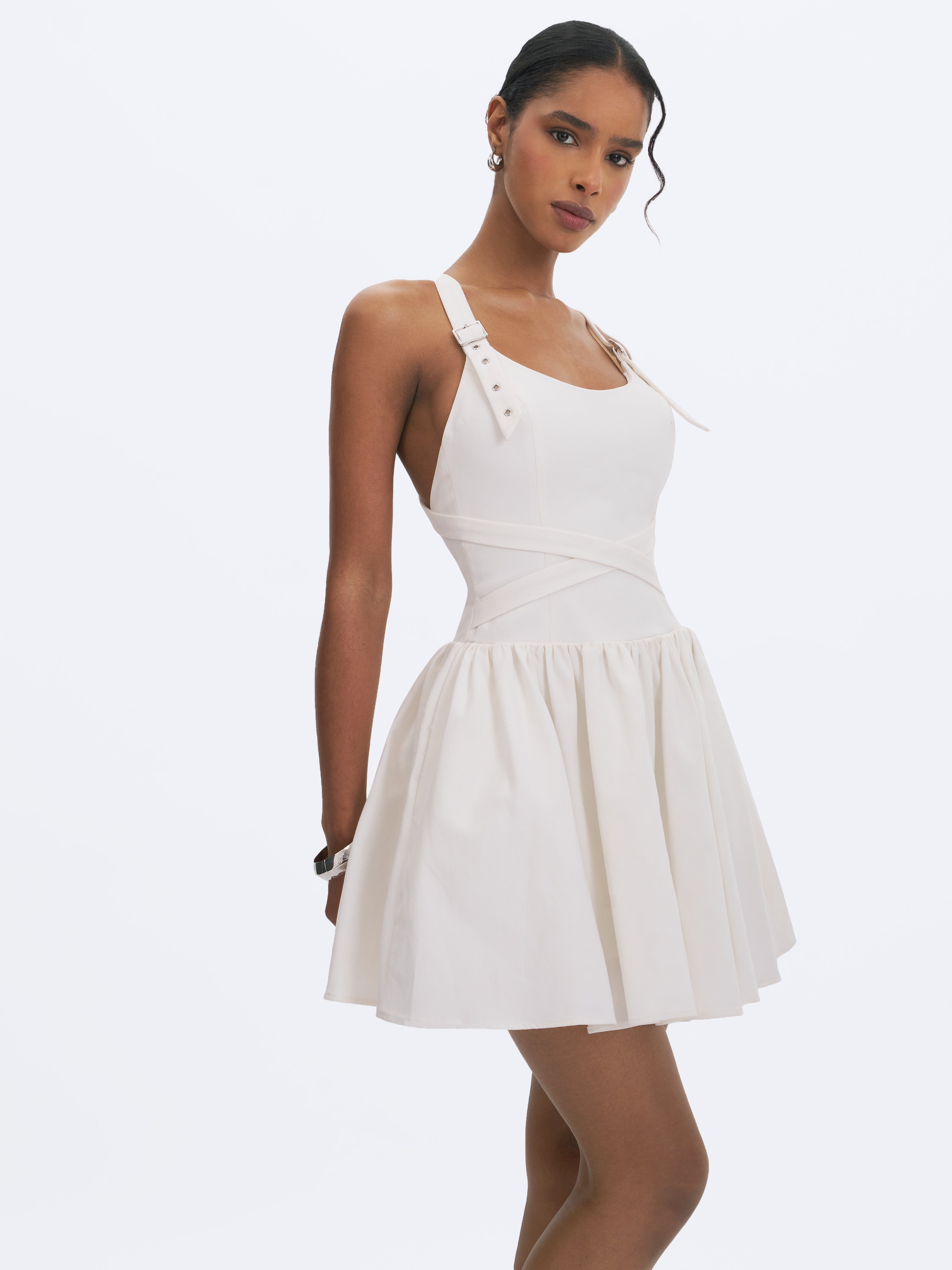 Francine White Cotton Denim Crossover Strap Mini Dress