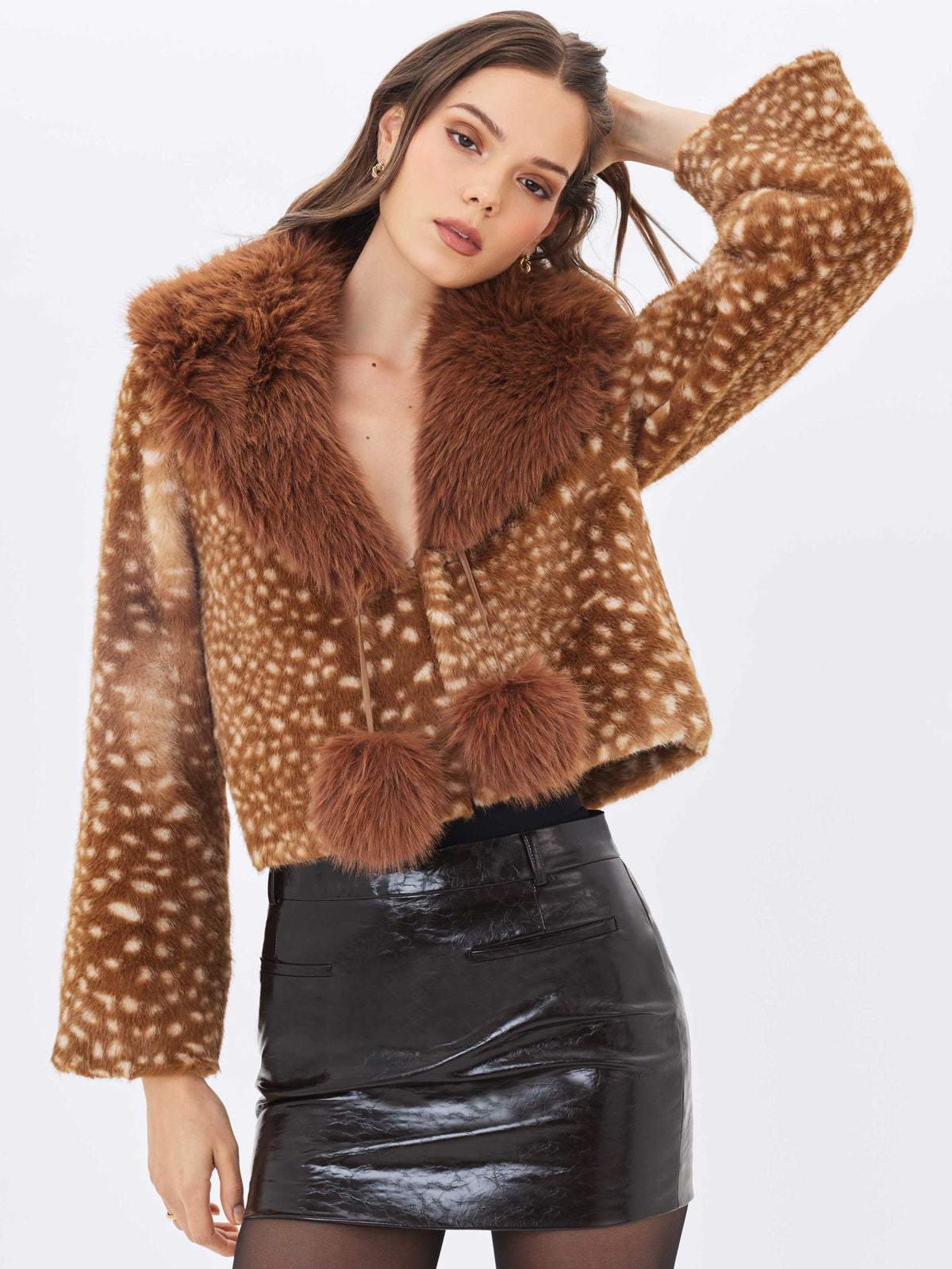 Mia Chestnut Faux Fur Bambi Print Mini Coat