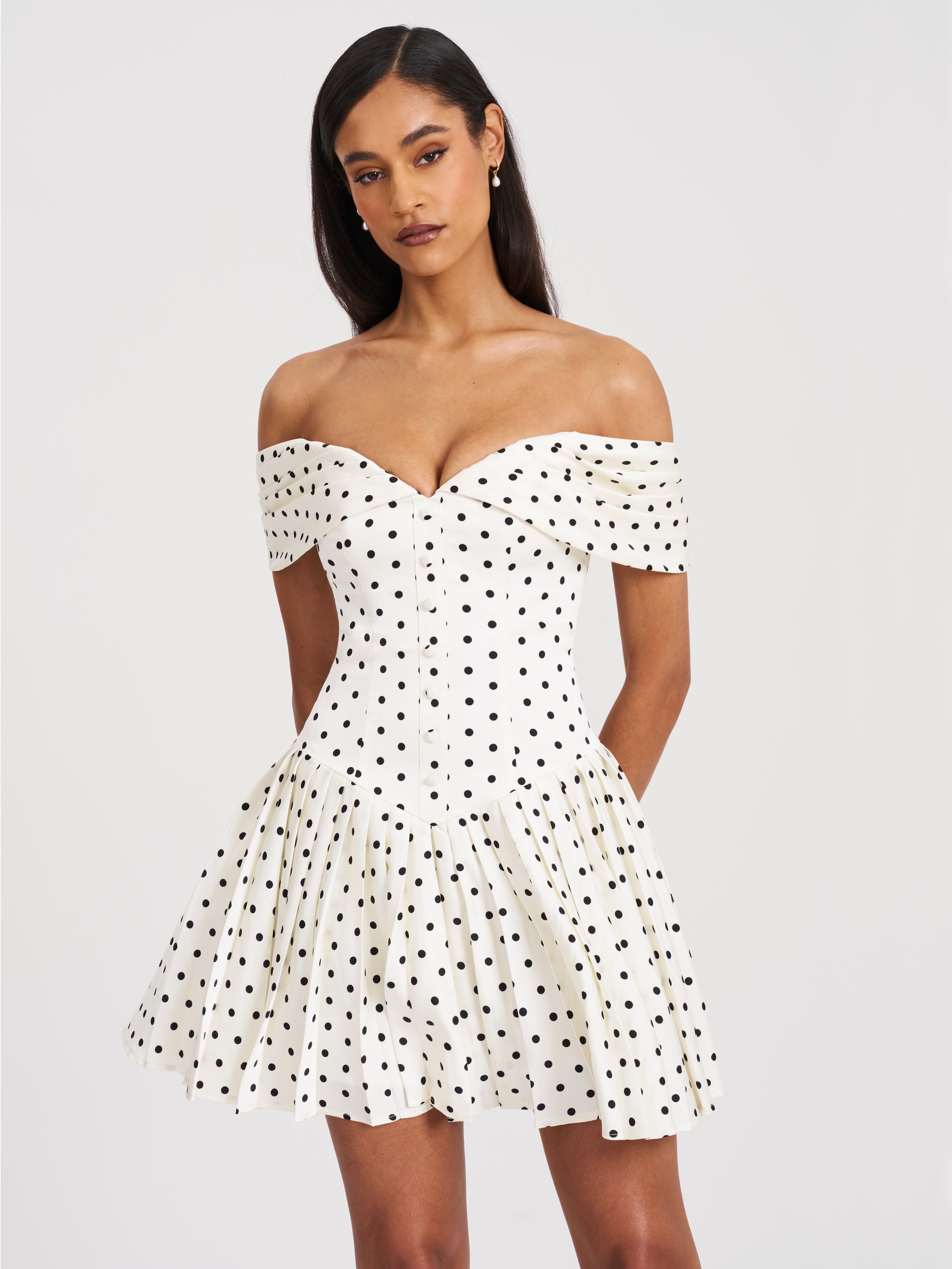 knee length dresses for ladies Miss Circle Women's Edeline Polka Dot Off-Shoulder Pleated Mini Dress - White