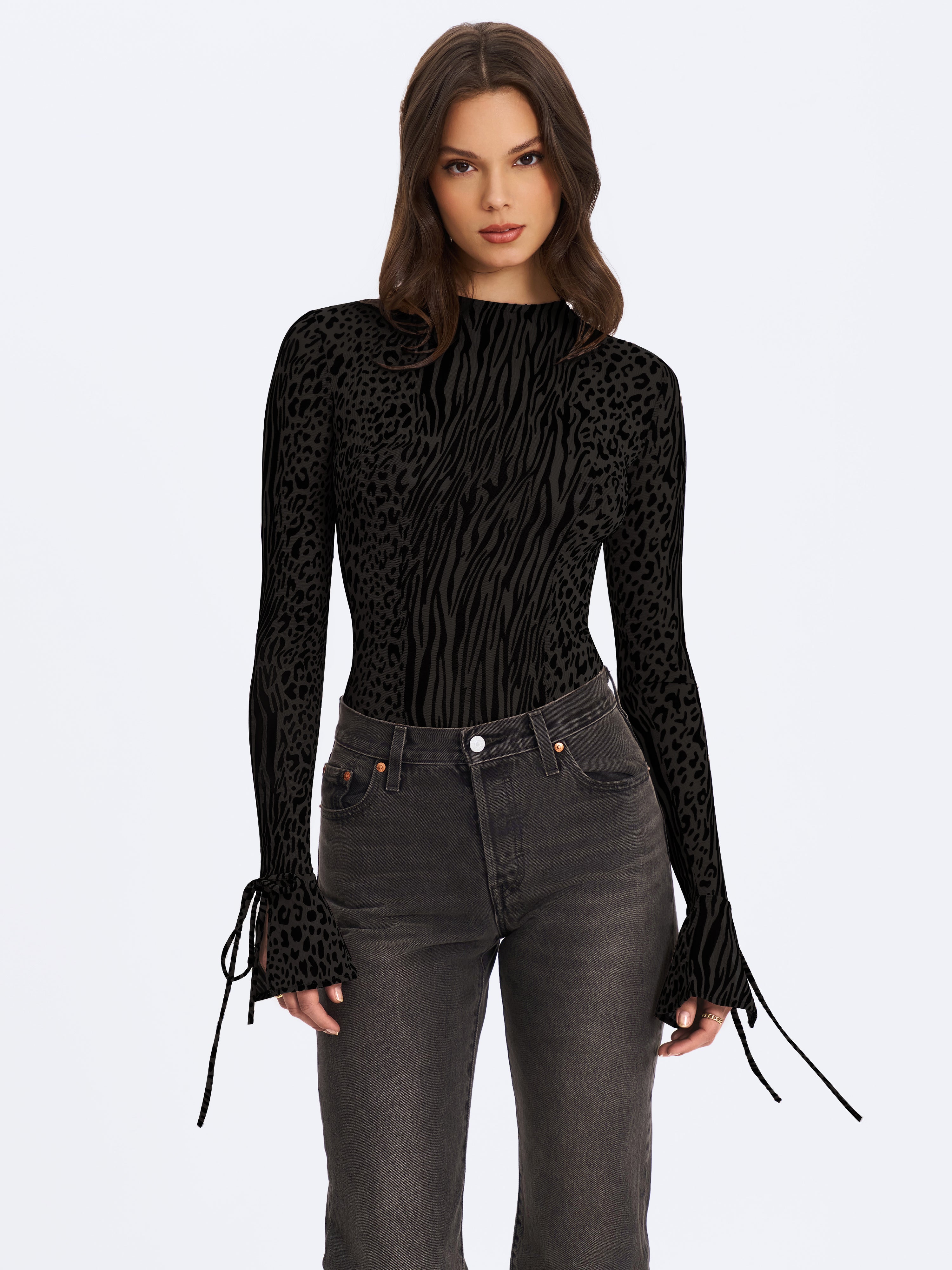Ibera Black Animal Print Burnout Velvet Long Sleeve Bodysuit