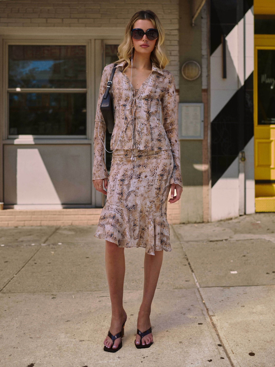 Umarah Tan Reptile Print Asymmetrical Ruffled Skirt