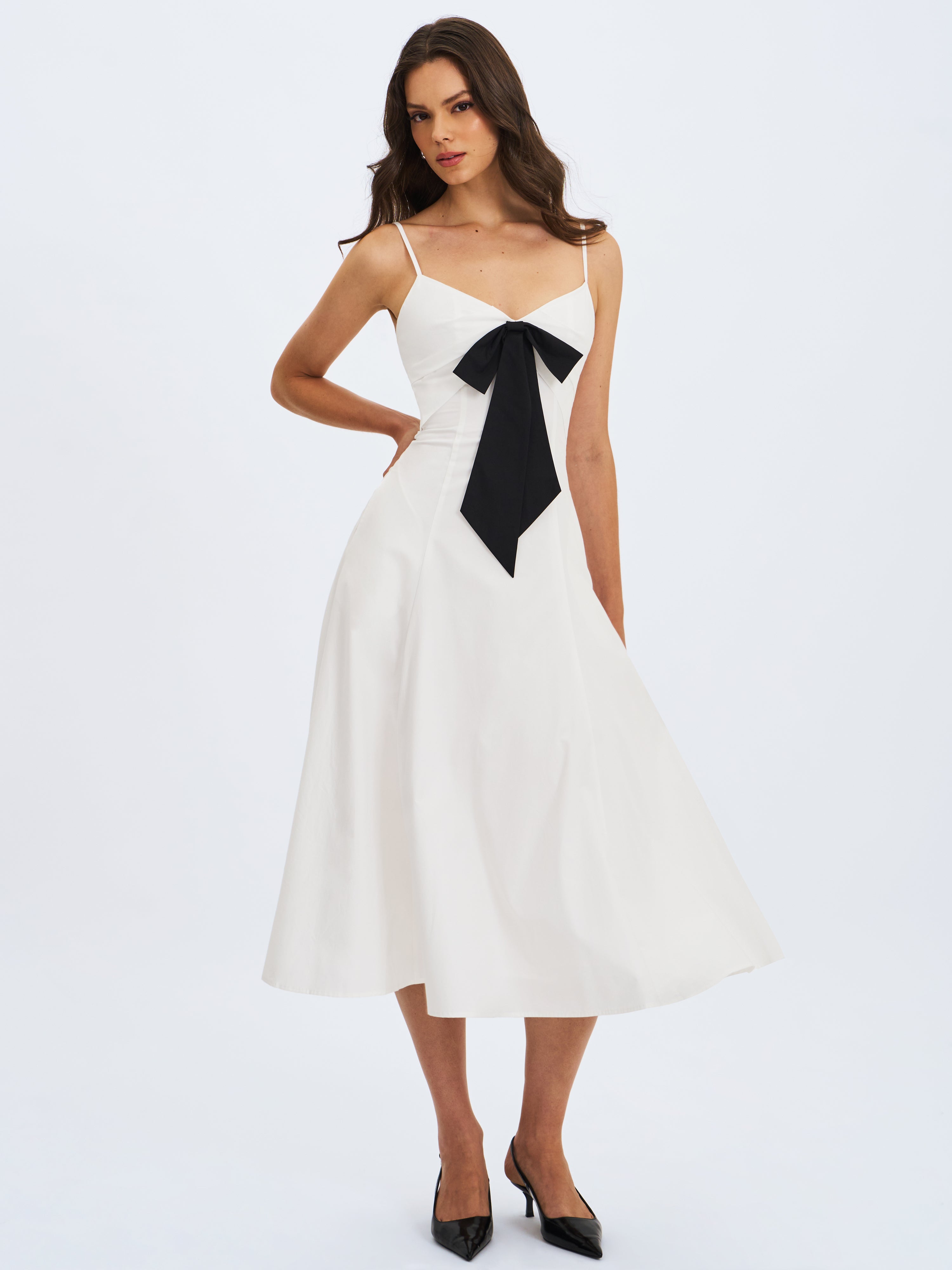 Corinne White Poplin Flared Maxi Dress with Removable Bow