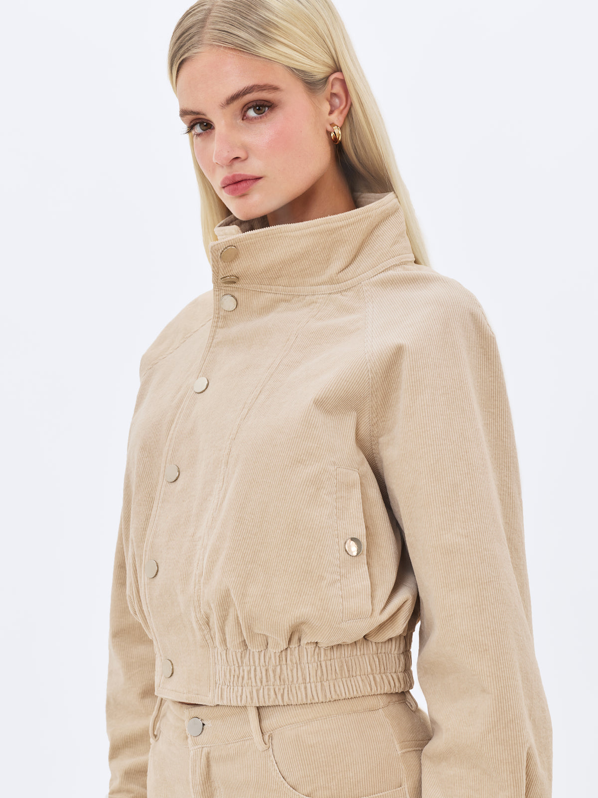 Romilly Beige Cotton Corduroy Funnel Collar Jacket