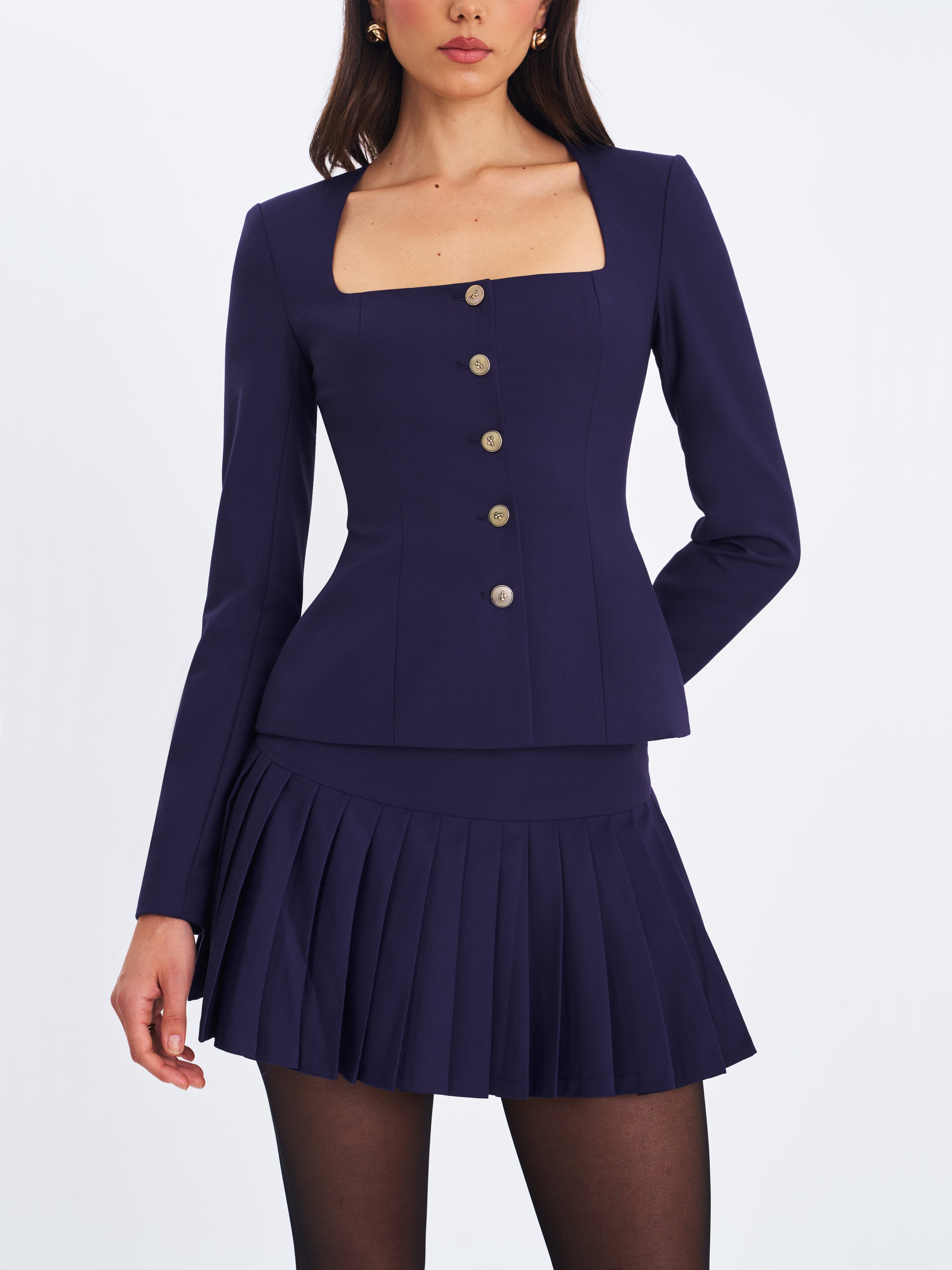 Skyla Indigo Square Neckline Peplum Blazer