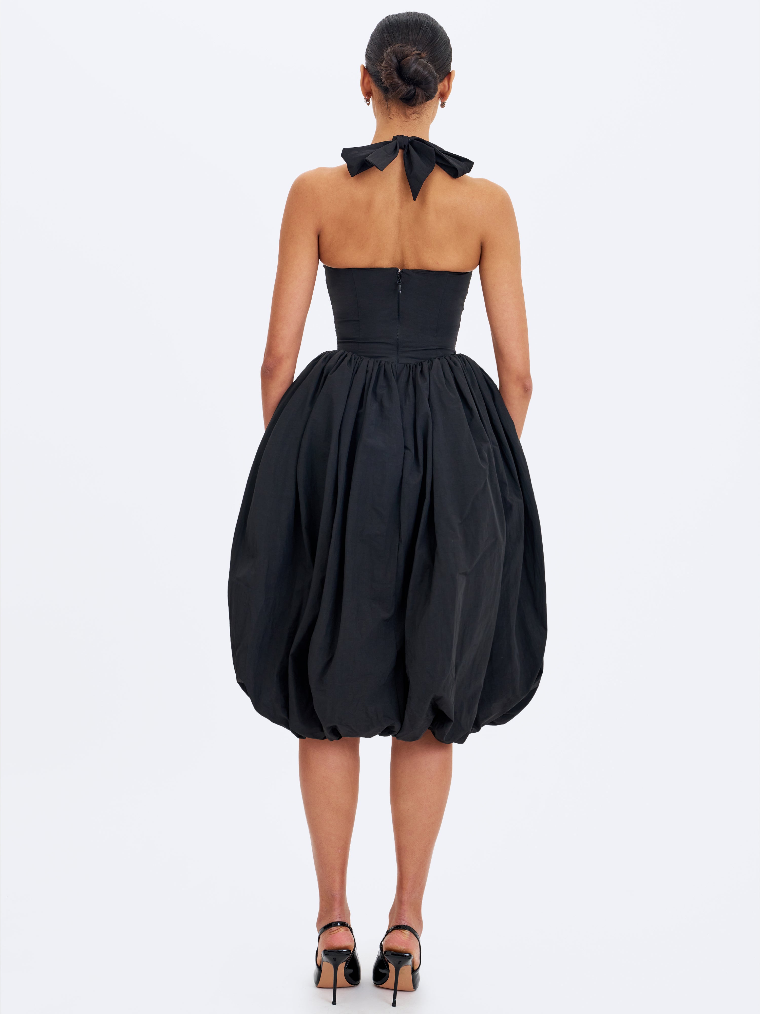 Veradis Black Taffeta Halter Bubble-Hem Midi Dress