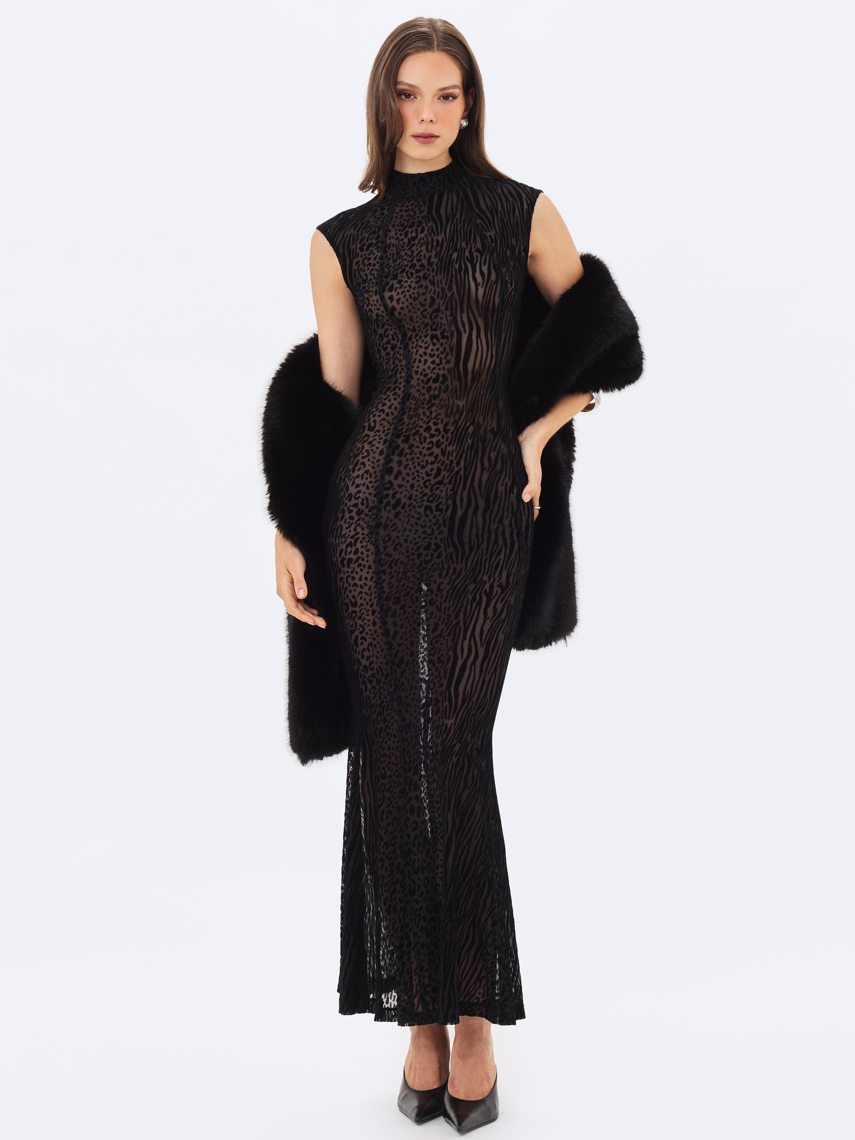 Tyanna Black Burnout Velvet Mesh Backless Mermaid Maxi Dress
