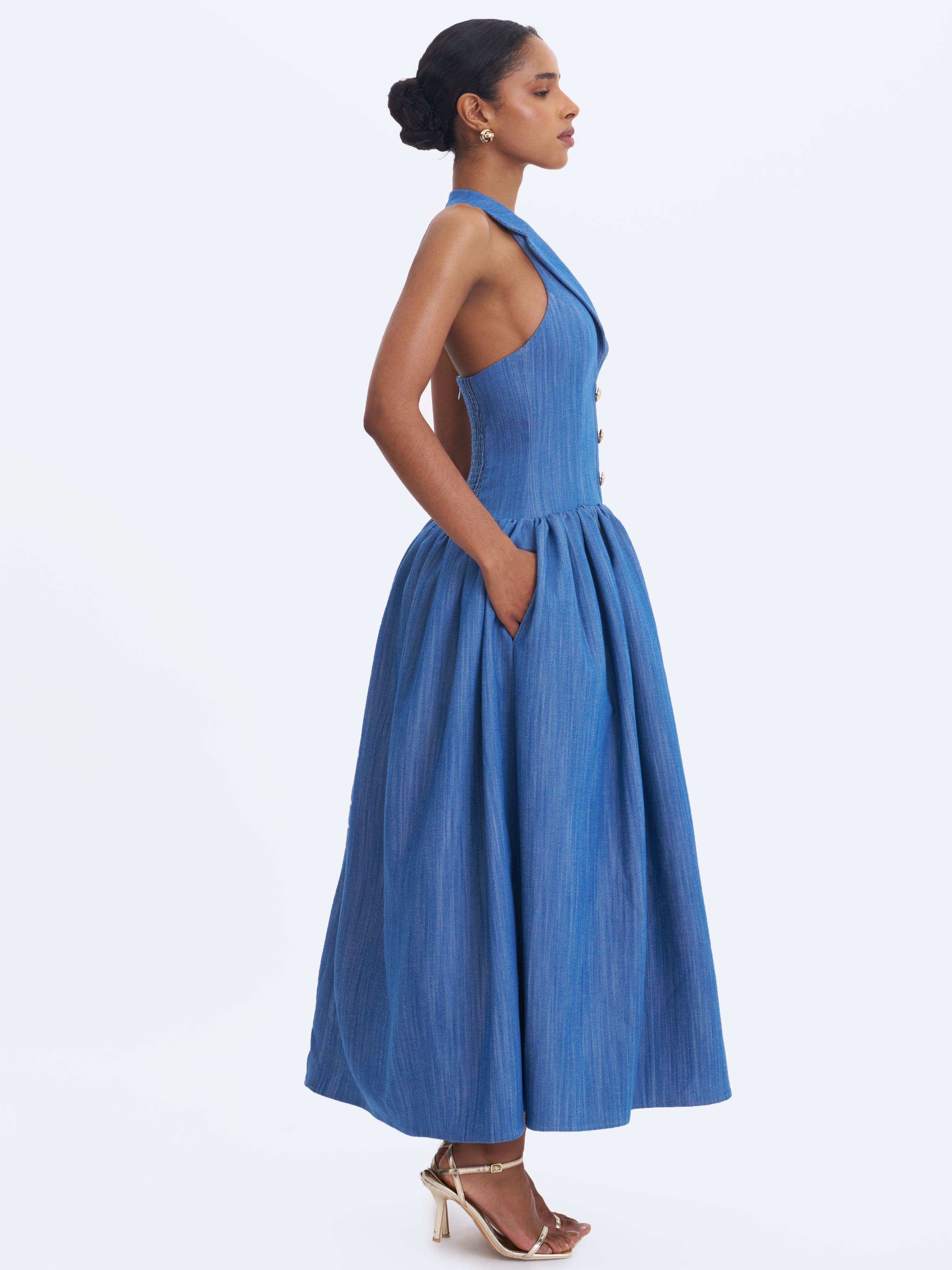 Xyan Navy Denim Lapel Halter A-Line Midi Dress