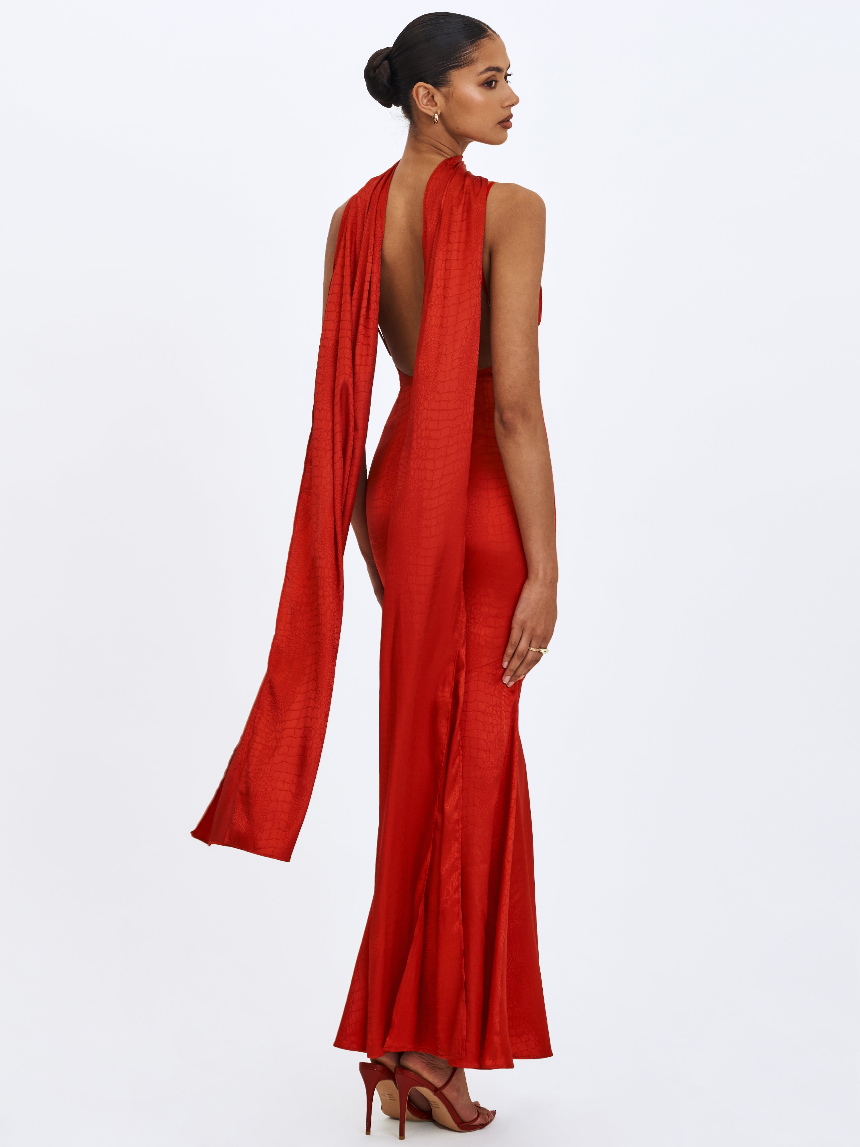 Kelsey Scarlet Croc-Embossed Flared Hem Maxi Dress with Scarf