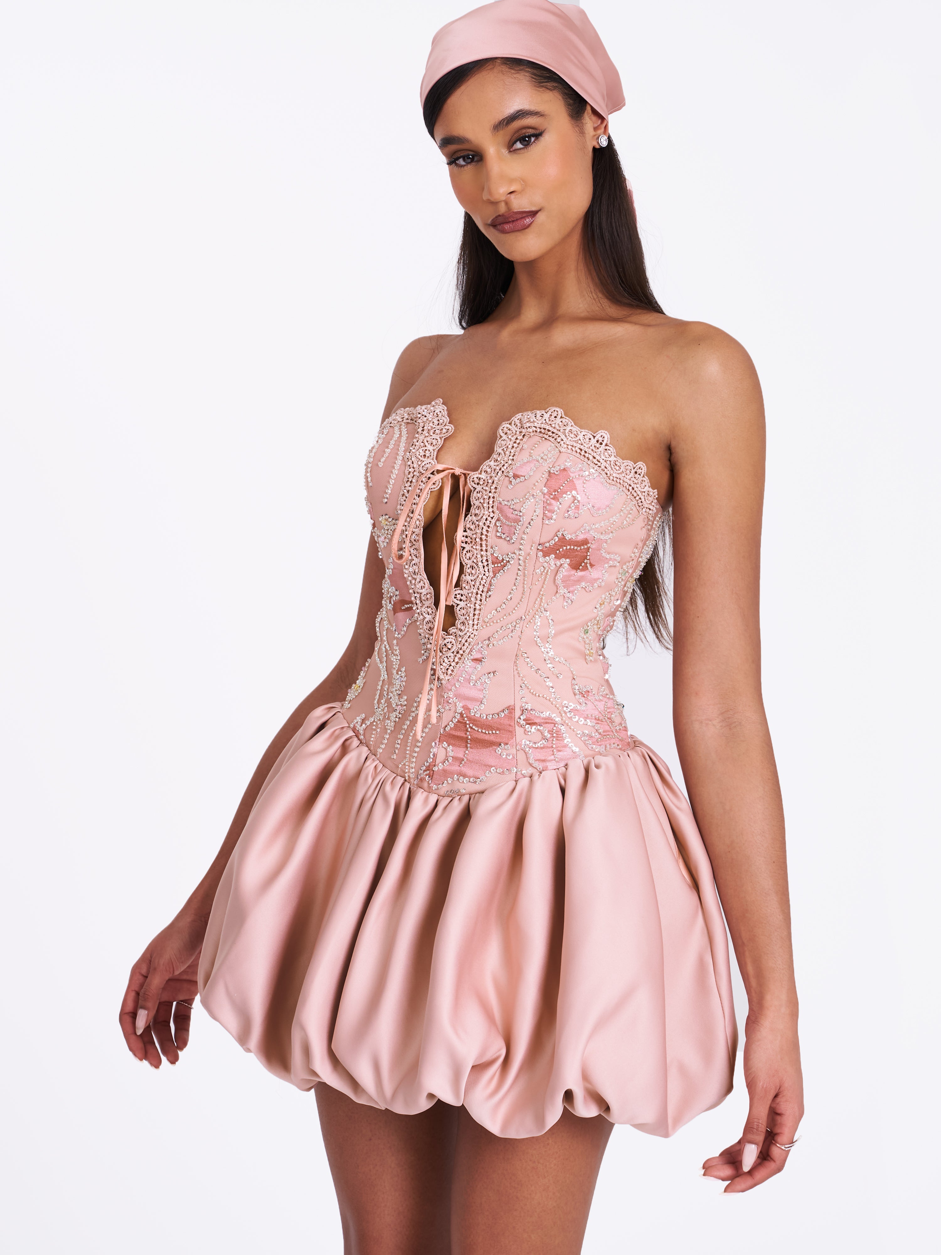 Palesa Pink Ballet Style Embroidered Bubble Hem Mini Dress