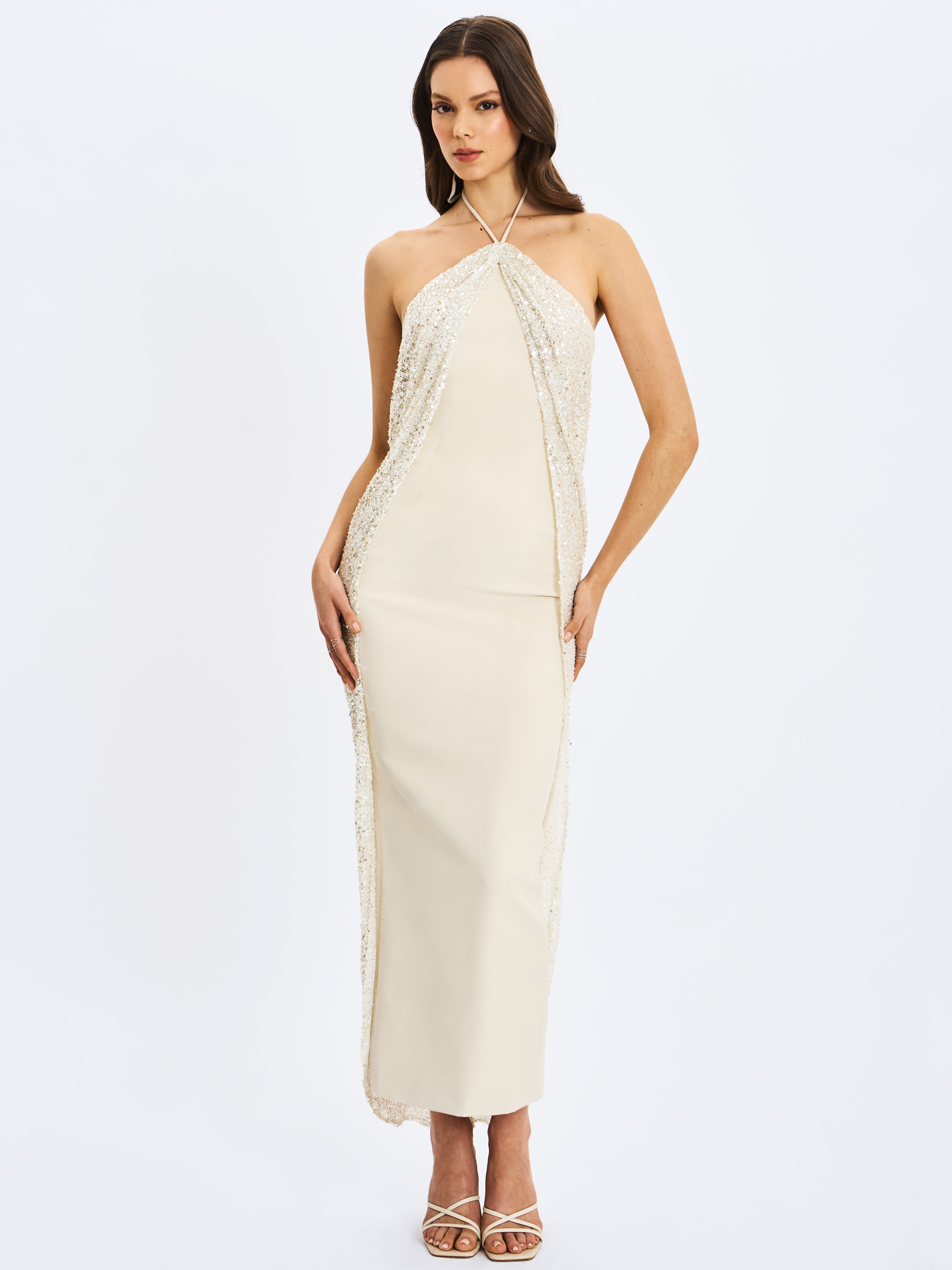 Quimera Almond Beaded Cape Halter Off-Shoulder Maxi Gown