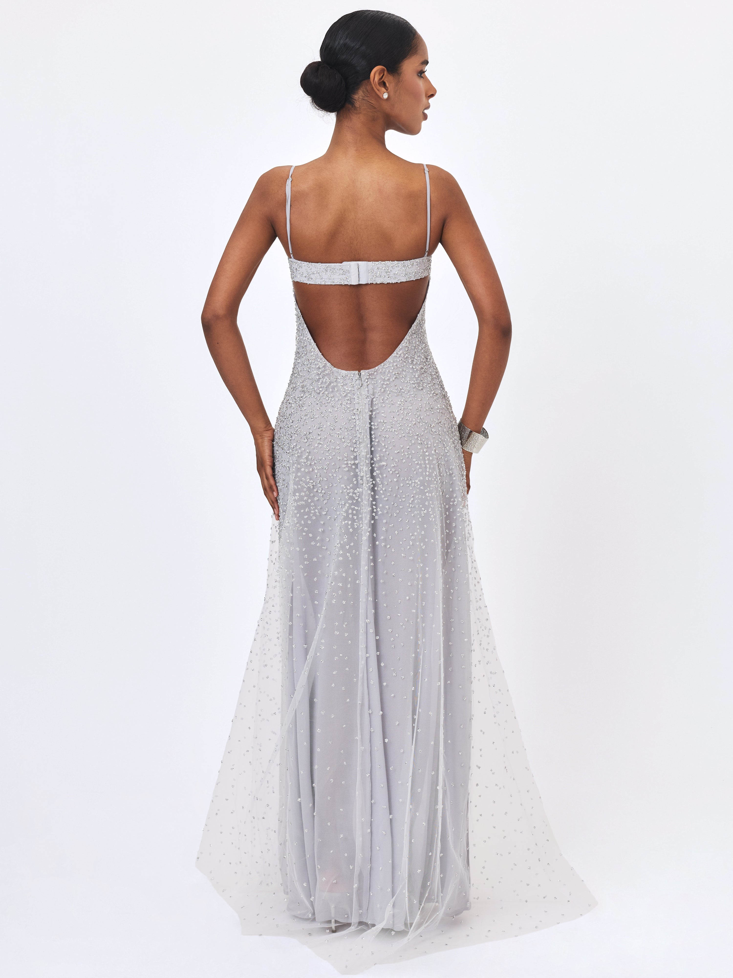 Wallie Silver Rhinestone Embellished Mesh Backless Gown