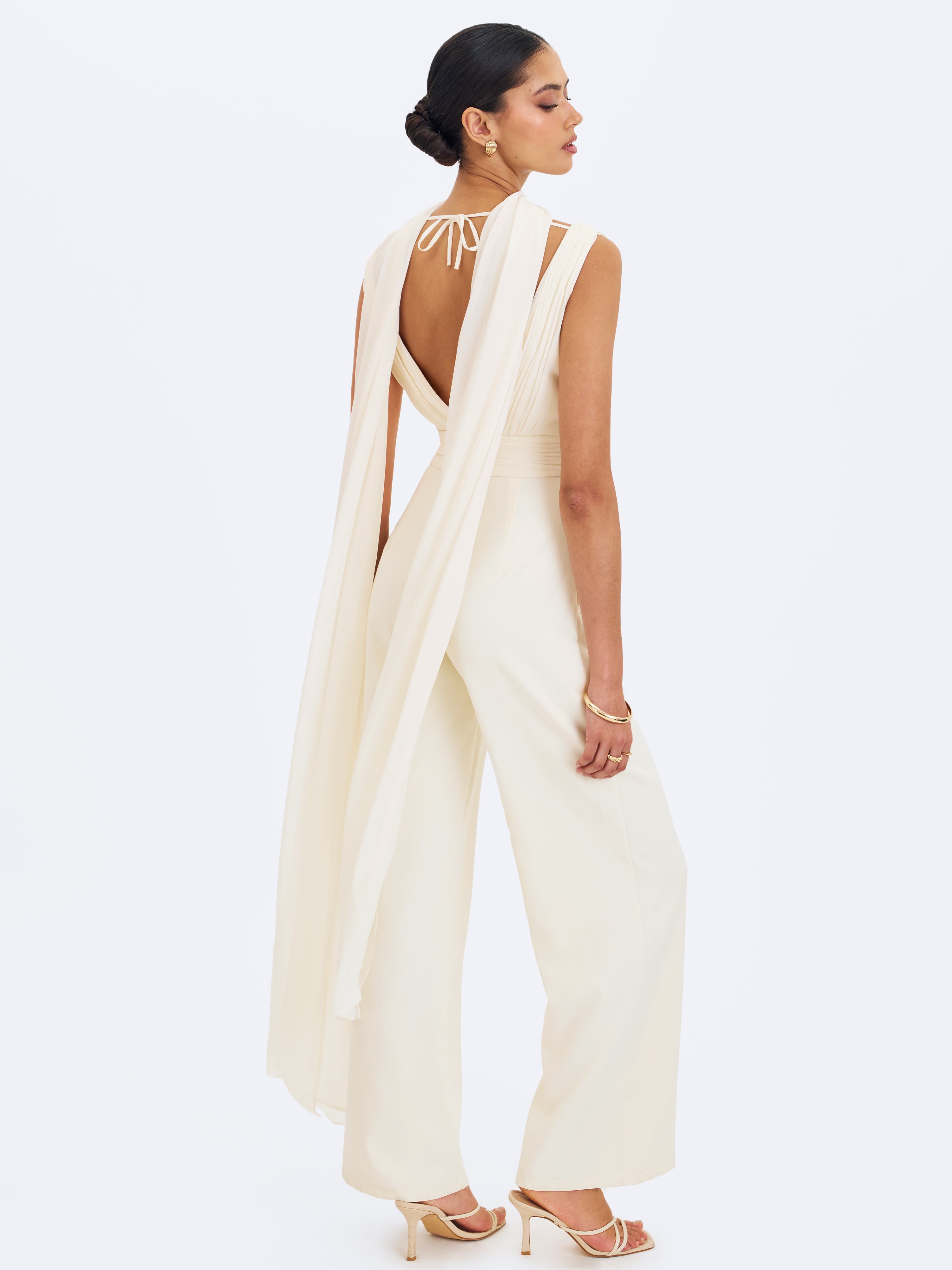 Harper Ivory Ruched V-Neck Jumpsuit with Scarf