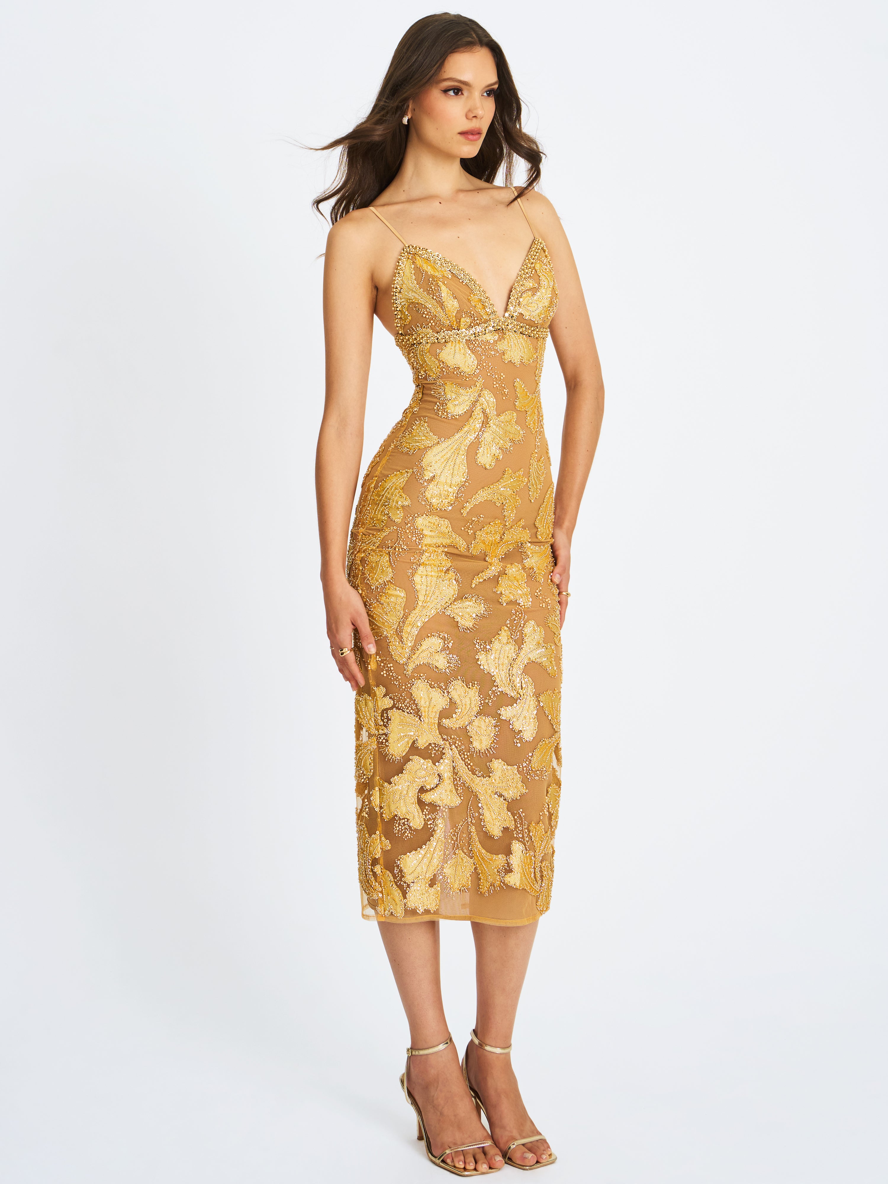 Miss Circle Women Edie Gold Beaded Sequin Midi Pencil Dress