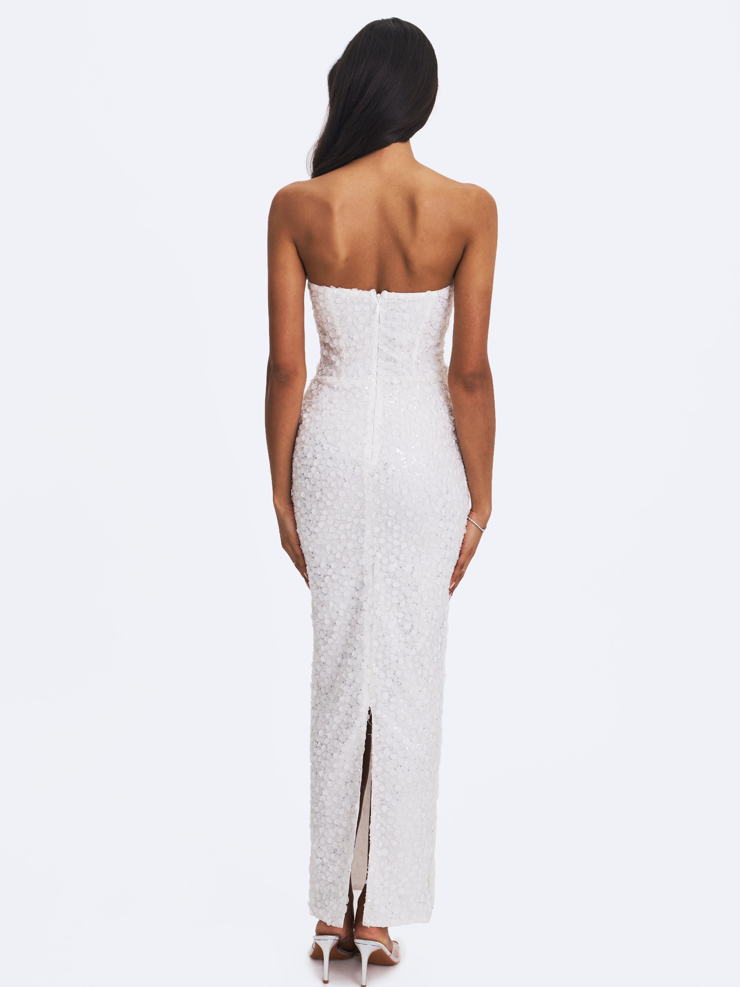 Myra White Beaded Mesh Strapless Wedding Dress