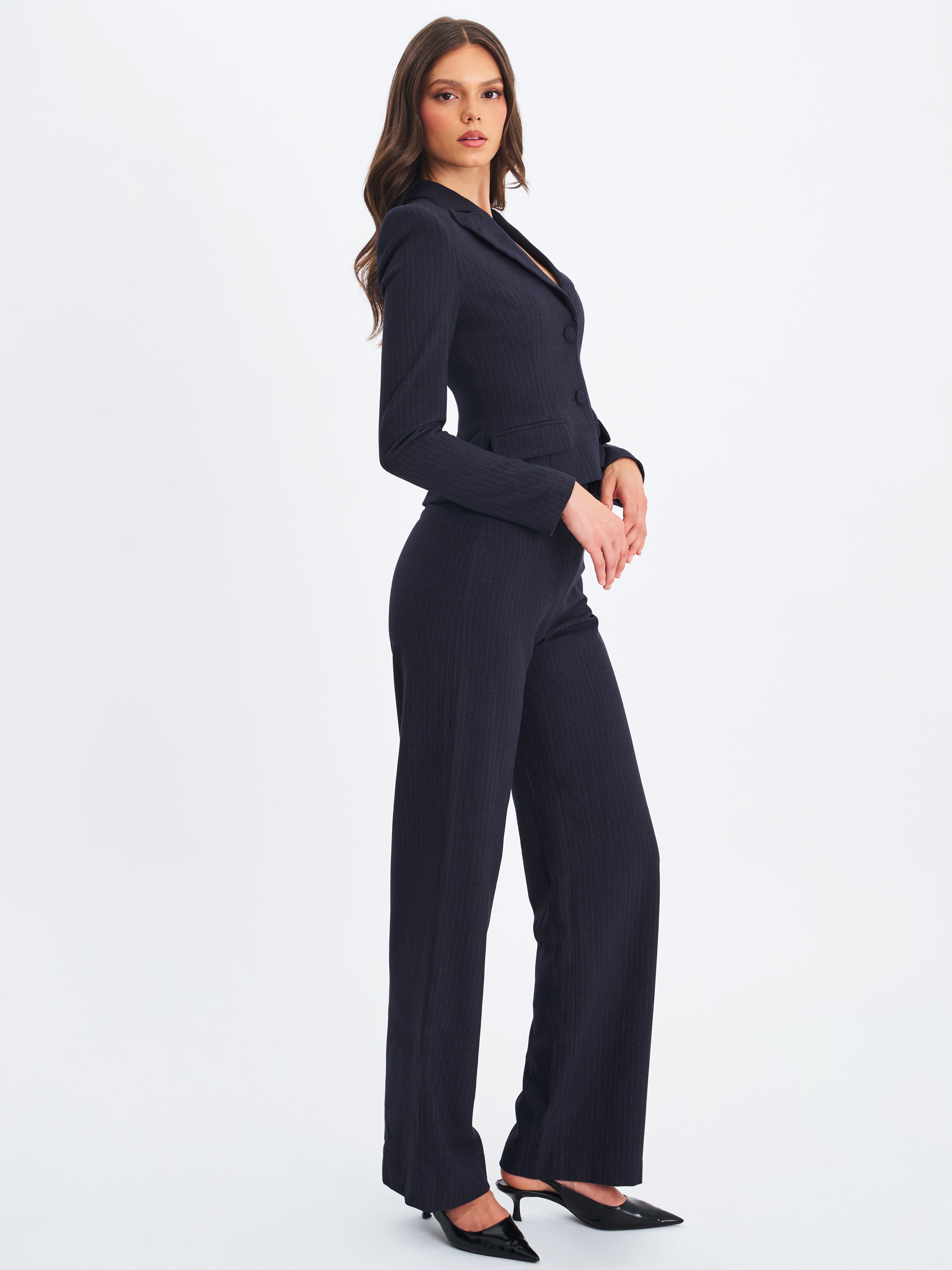 Quinnie Navy Striped High-Waisted Straight Leg Pant