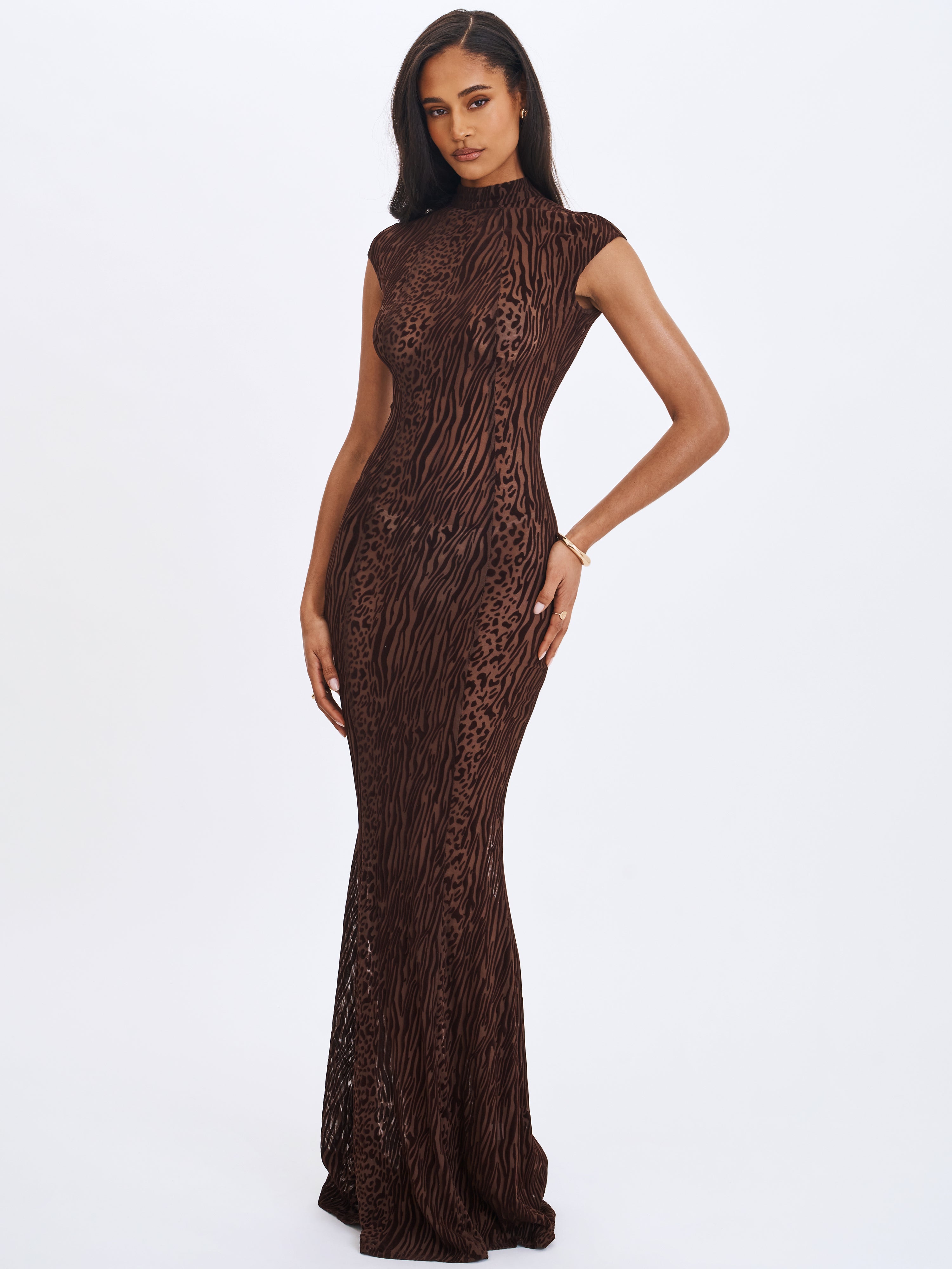 Tyanna Mocha Burnout Velvet Mesh Backless Mermaid Maxi Dress
