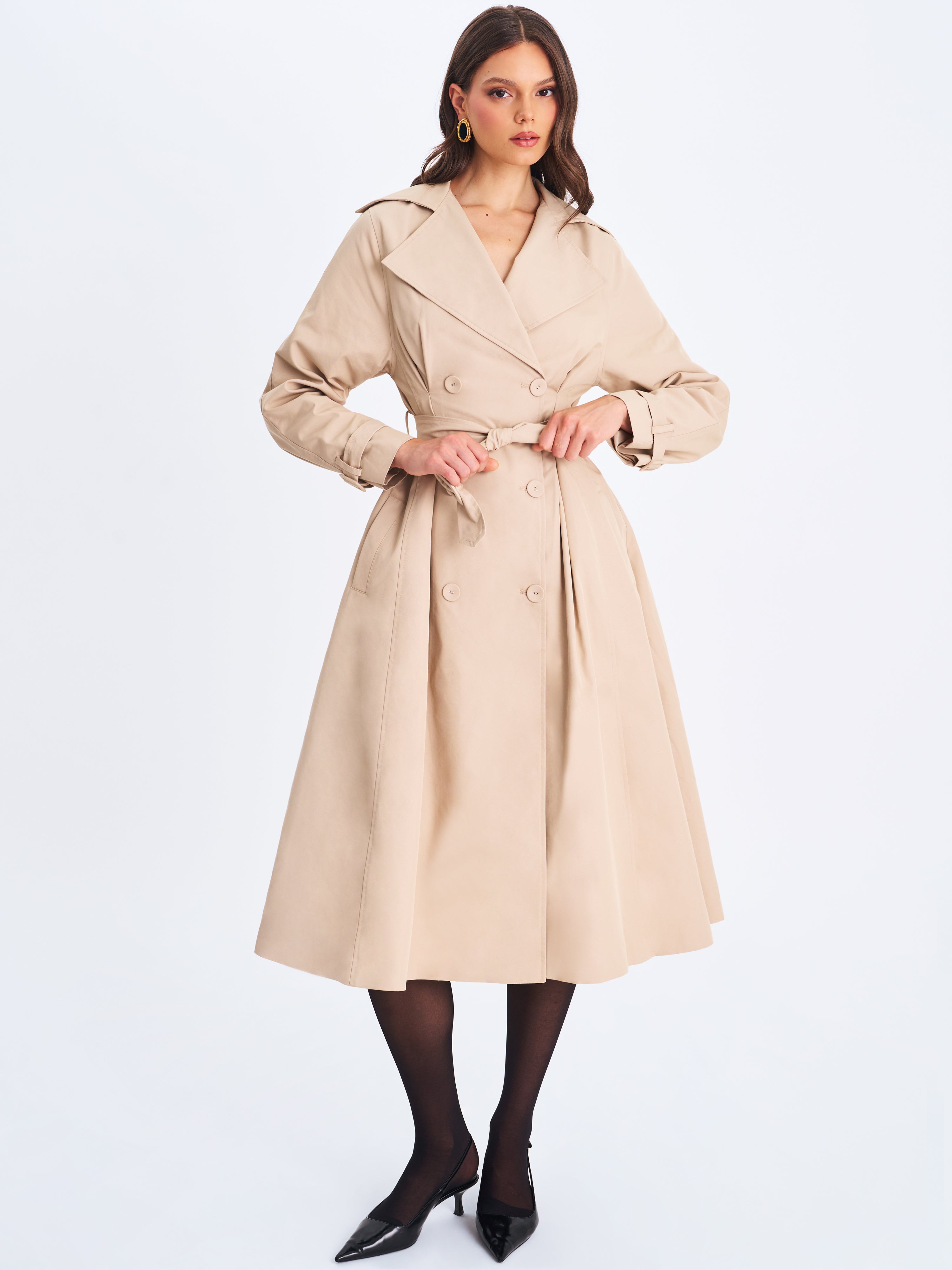 Ulila Beige Double-Breasted Pleated Cotton-Blend Trench Coat