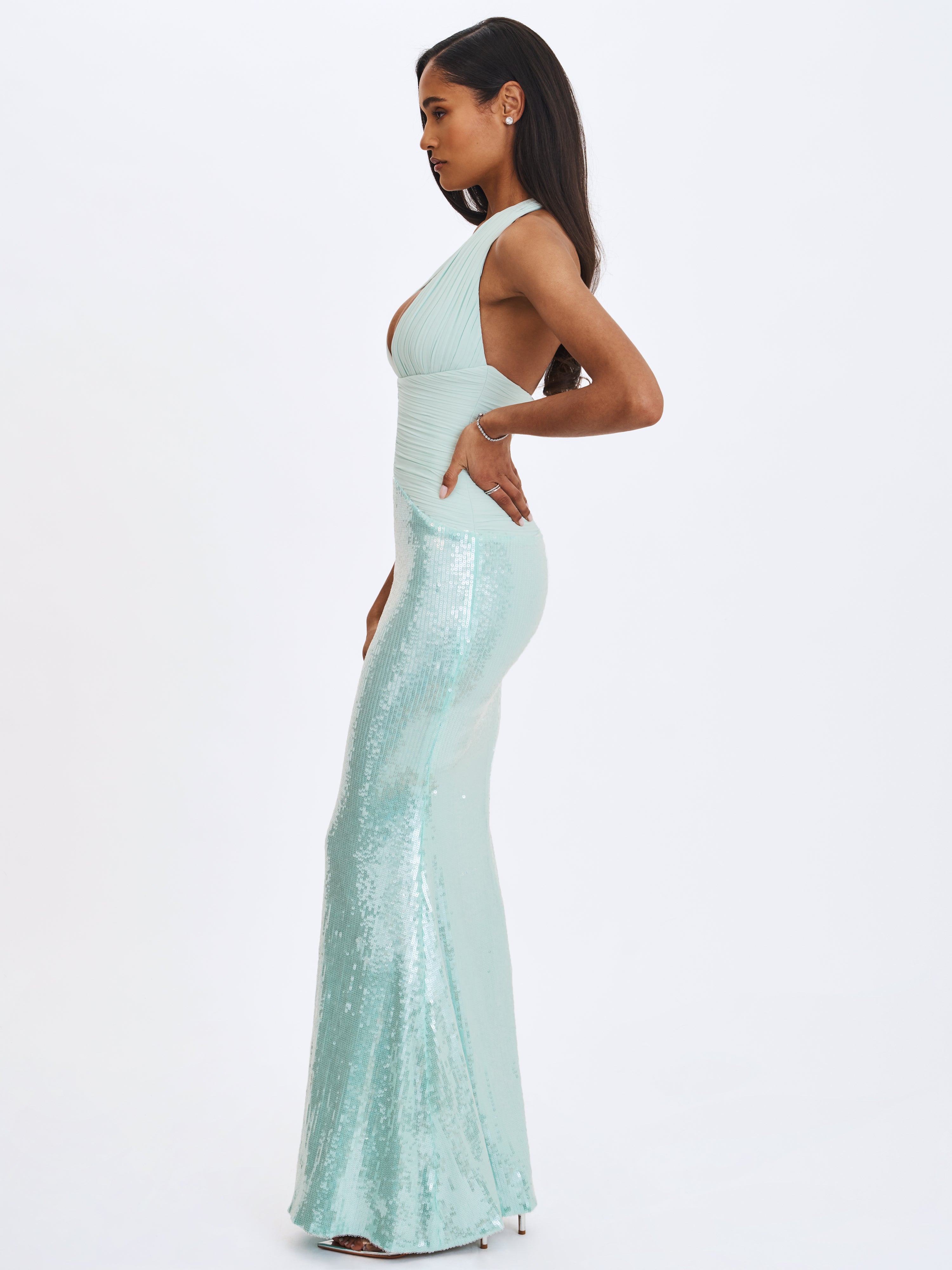 Wendale Mint Sequin Plunging Mermaid Maxi Dress