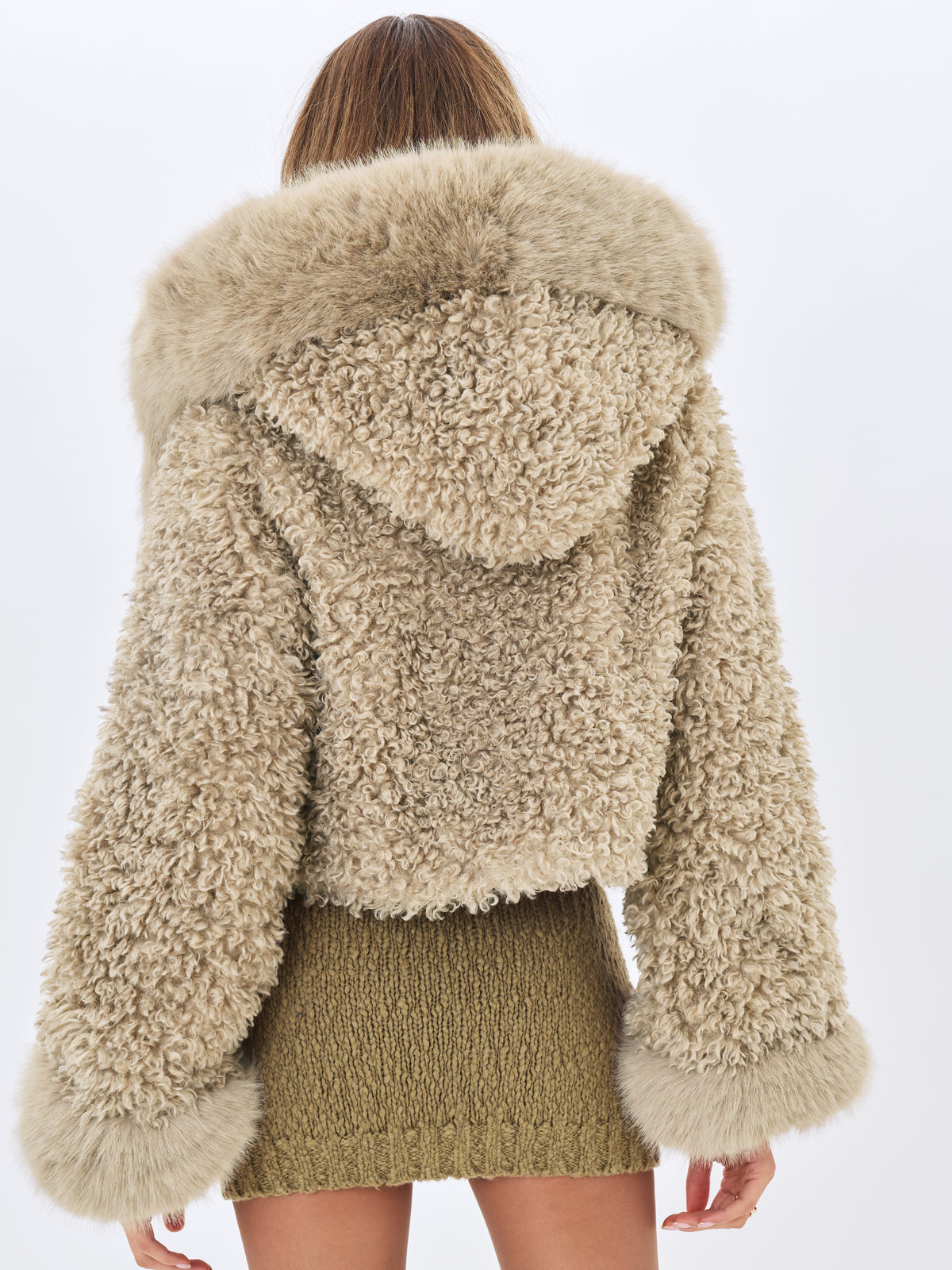 Kali Khaki Cropped Vegan Shearling Fur Jacket