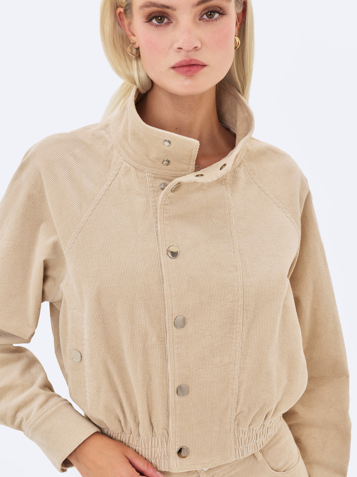 Romilly Beige Cotton Corduroy Funnel Collar Jacket