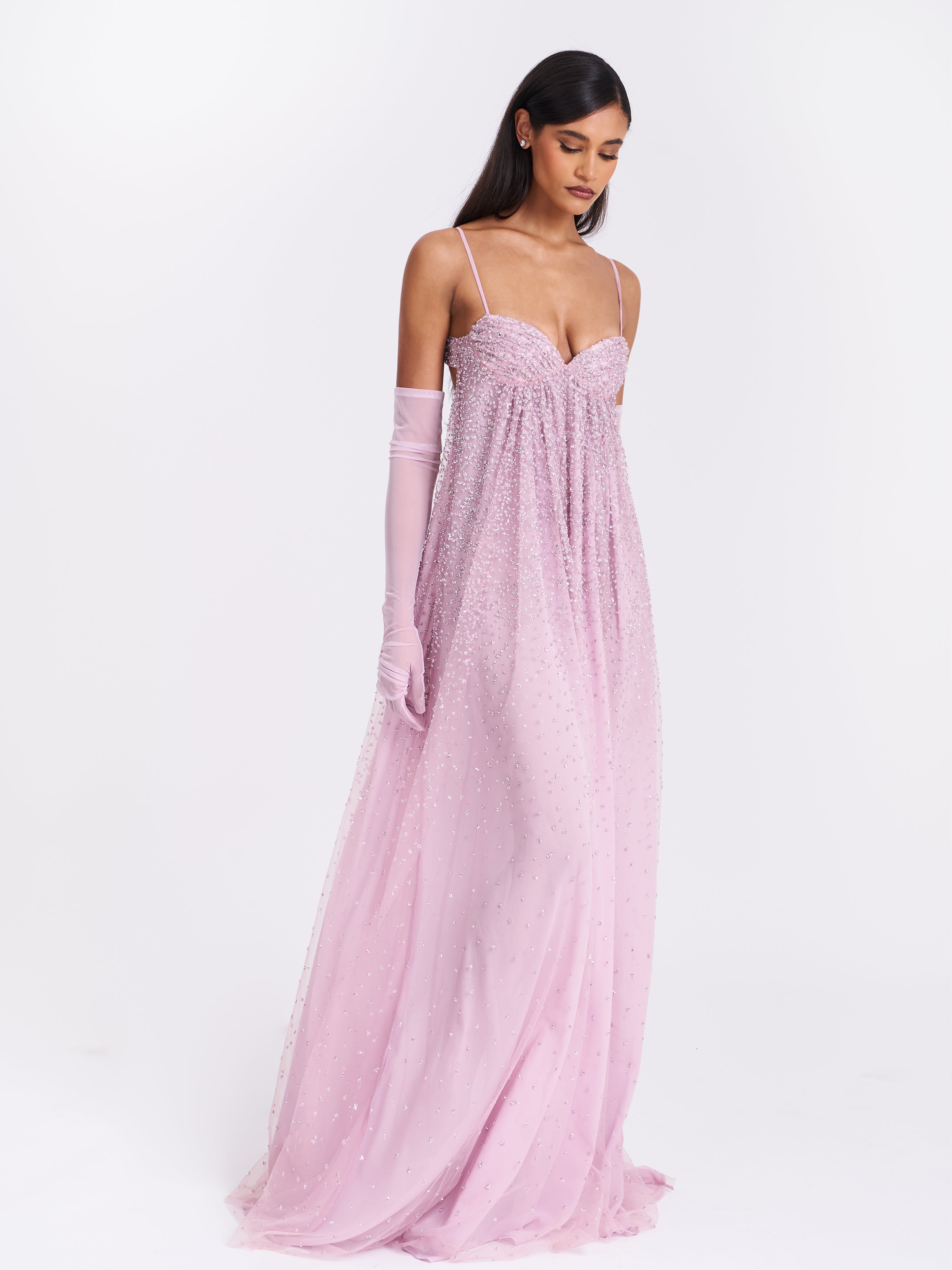 Wallie Pink Rhinestone Embellished Mesh Backless Gown