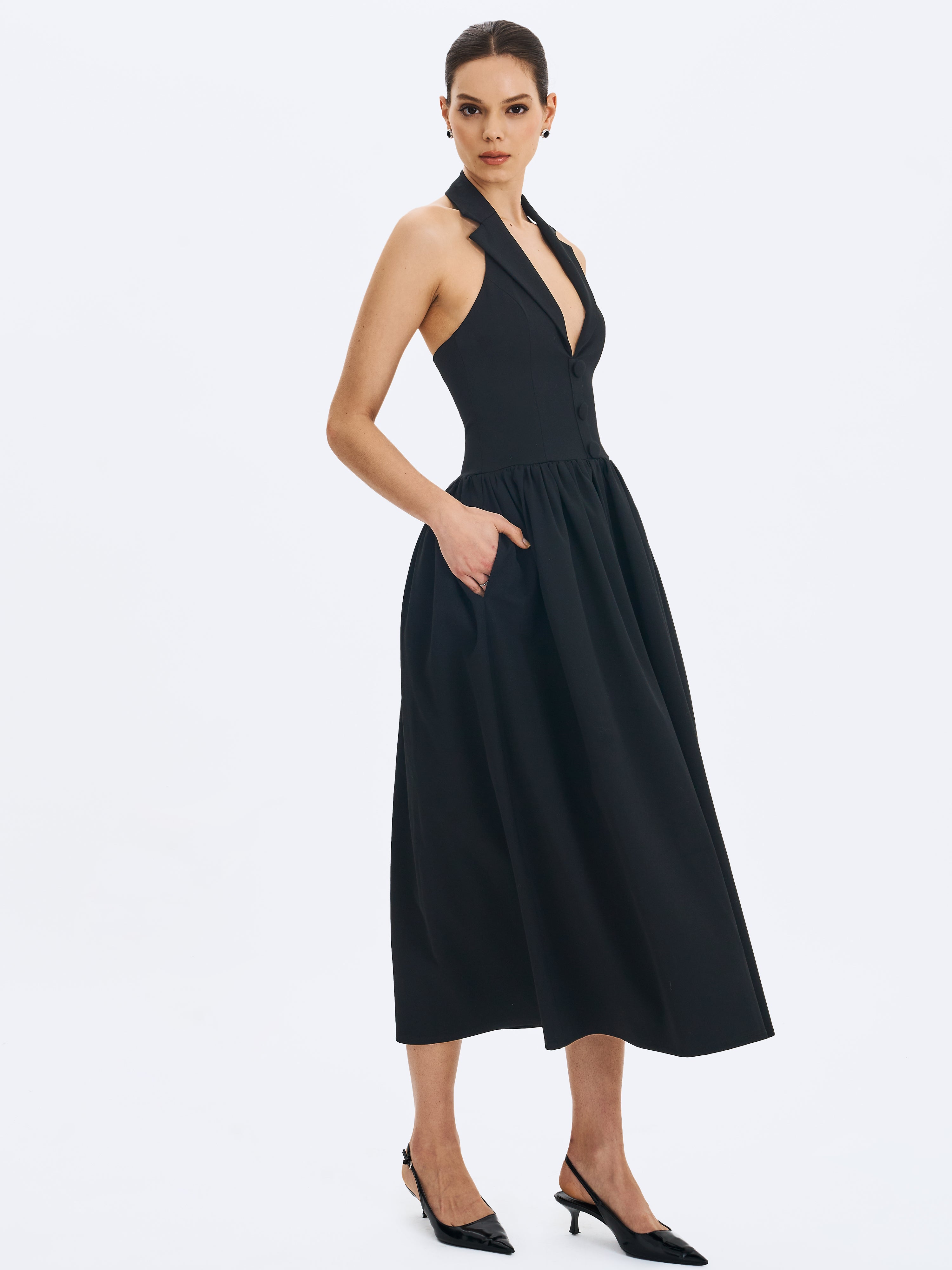 Delaney Black Lapel Halter Midi A-Line Dress