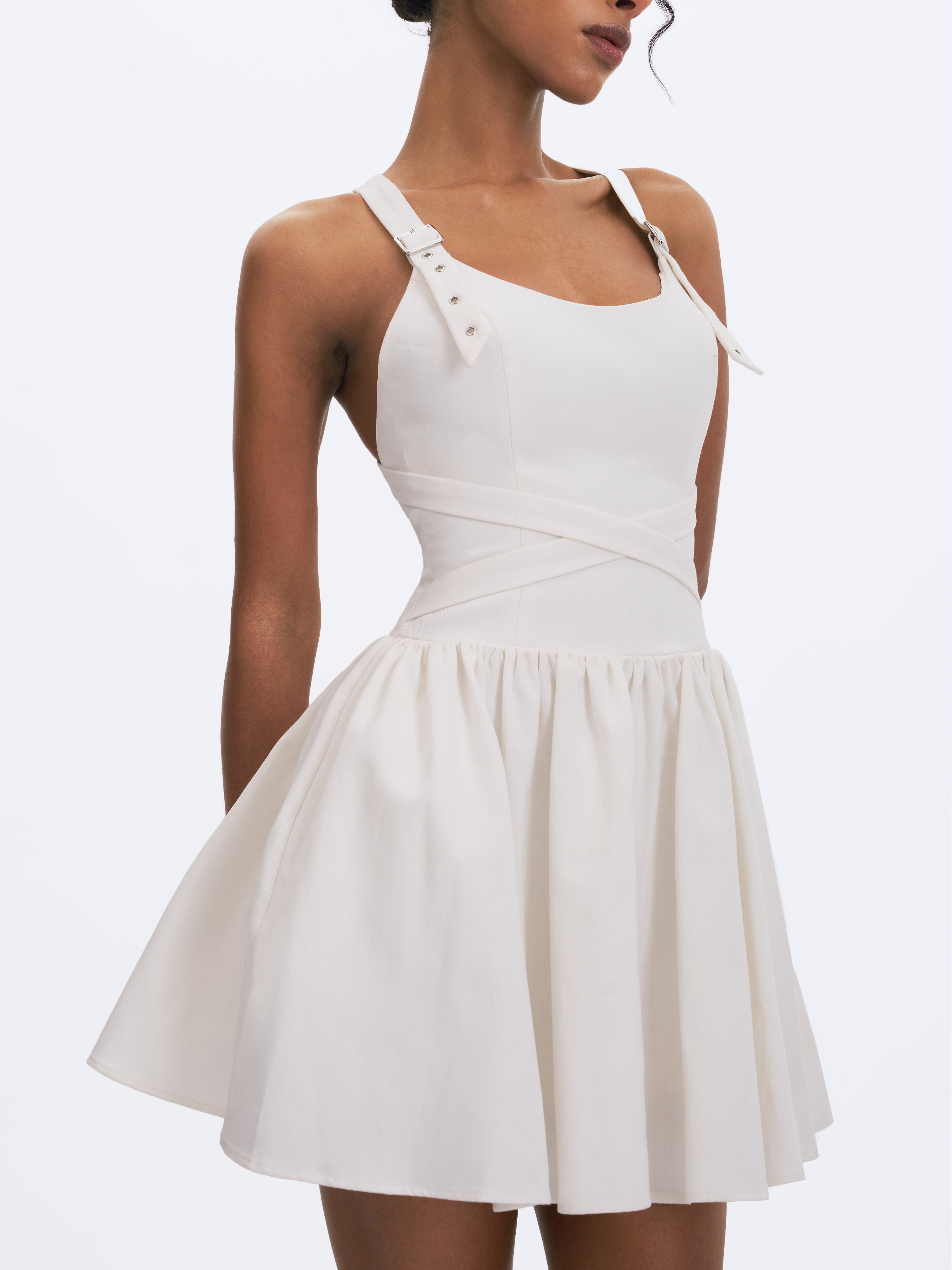 Francine White Cotton Denim Crossover Strap Mini Dress