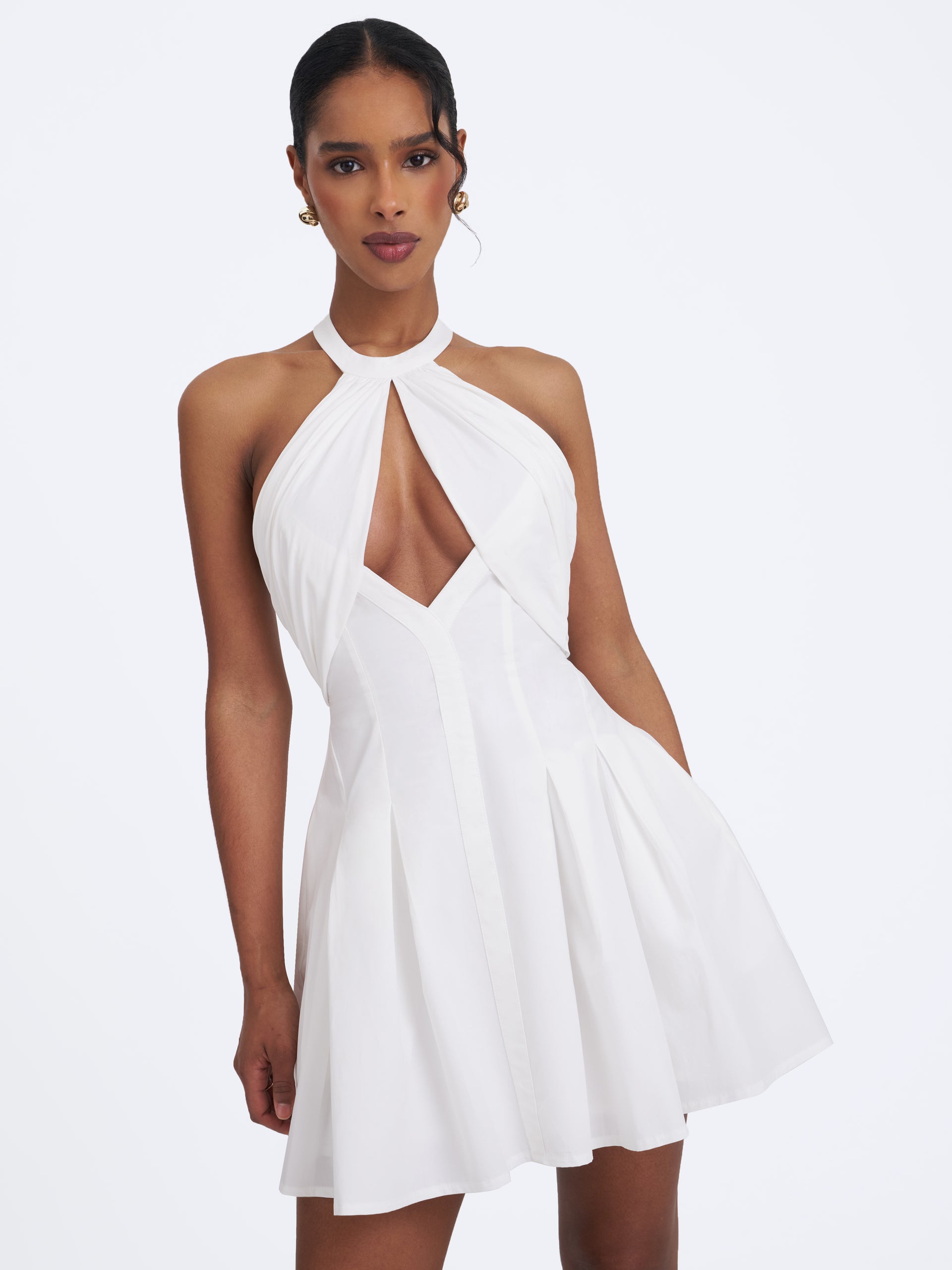 Jordyn White Cotton Poplin Keyhole Halter Mini Dress