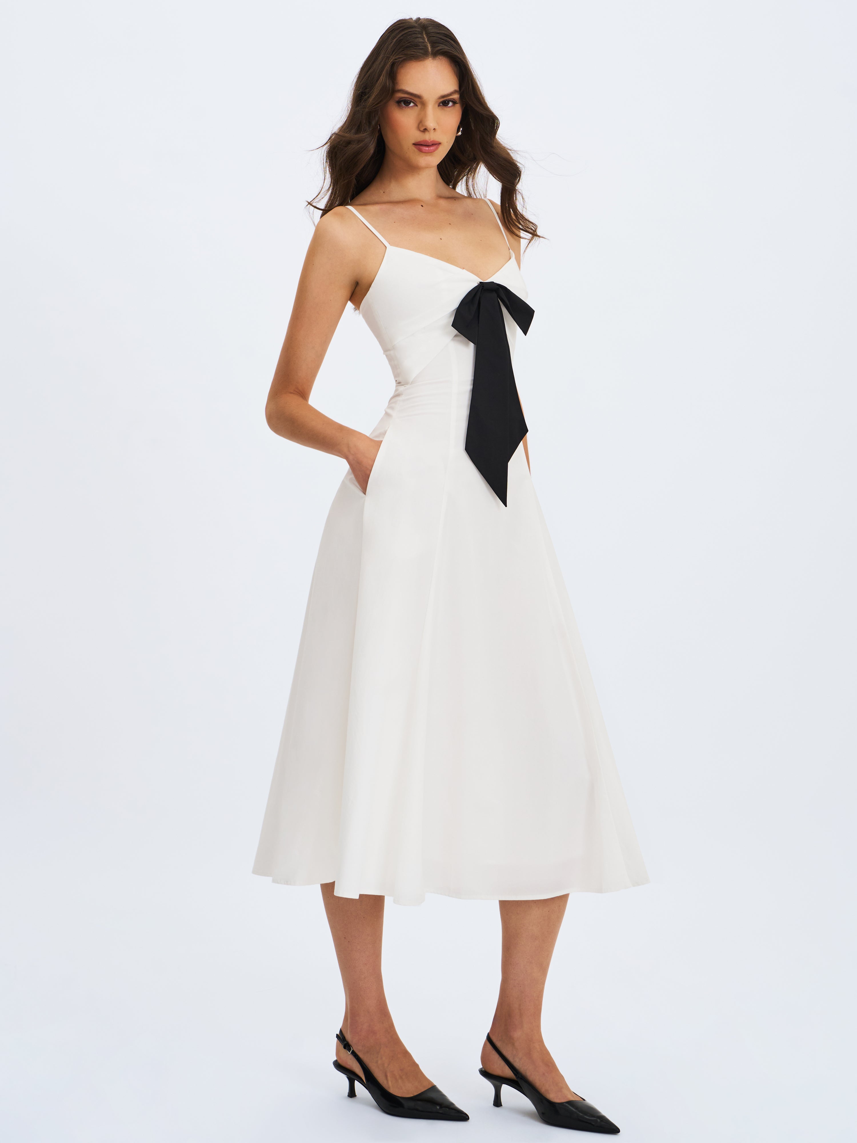 Corinne White Poplin Flared Maxi Dress with Removable Bow
