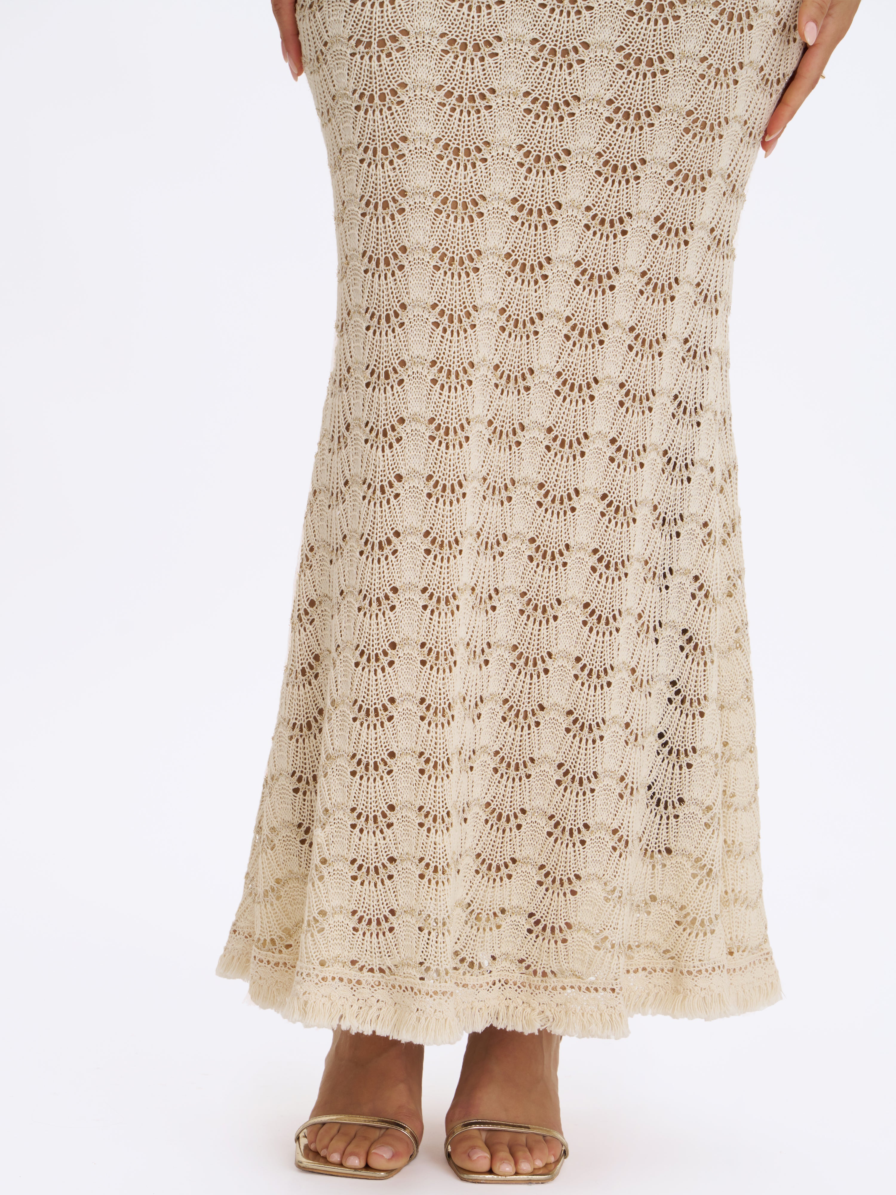 Xylona Beige & Gold Crochet Teardrop Neckline Mermaid Maxi Dress