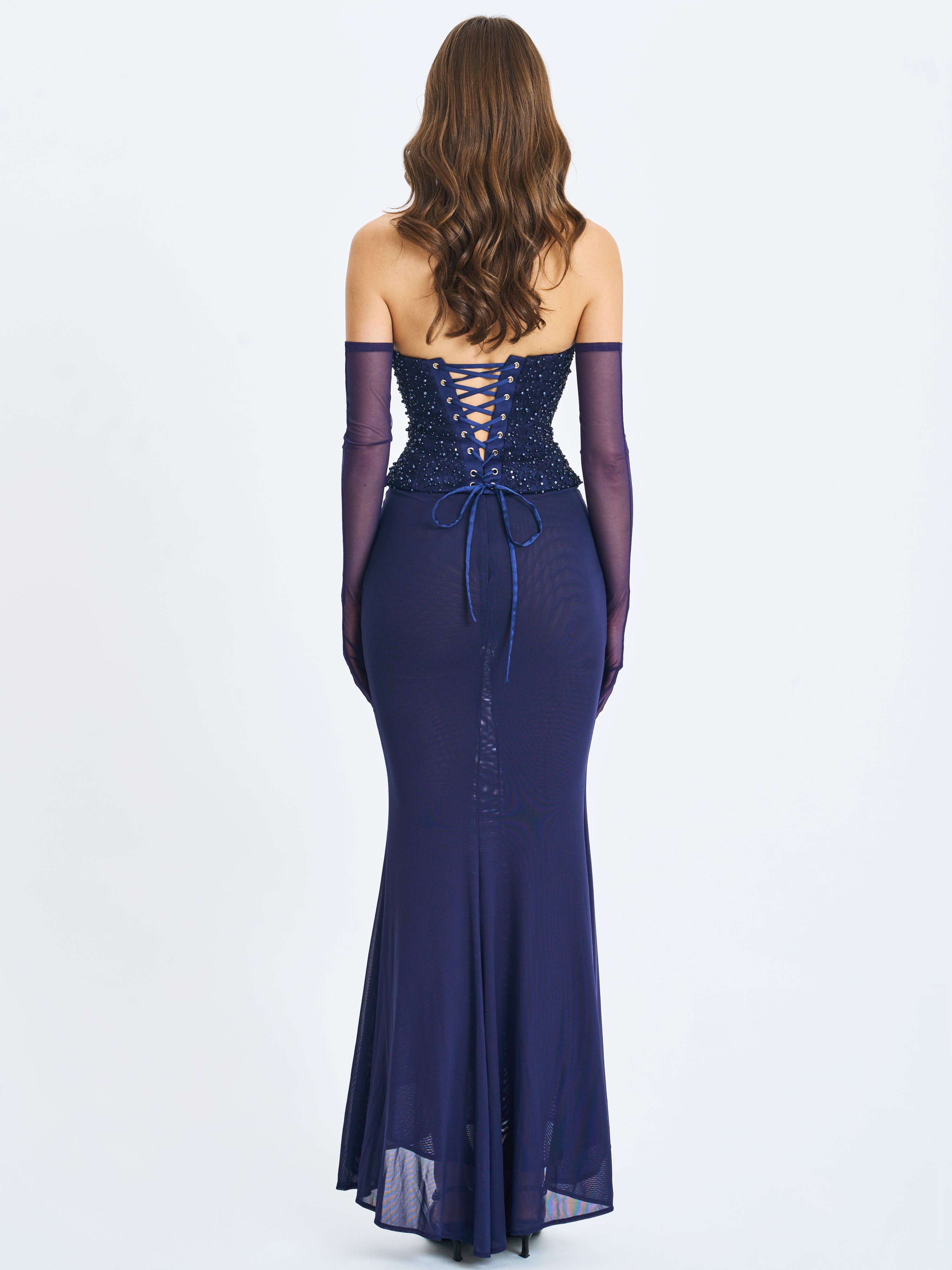 Orabelle Navy Beaded Peplum Mermaid Gown with Lace-up Back