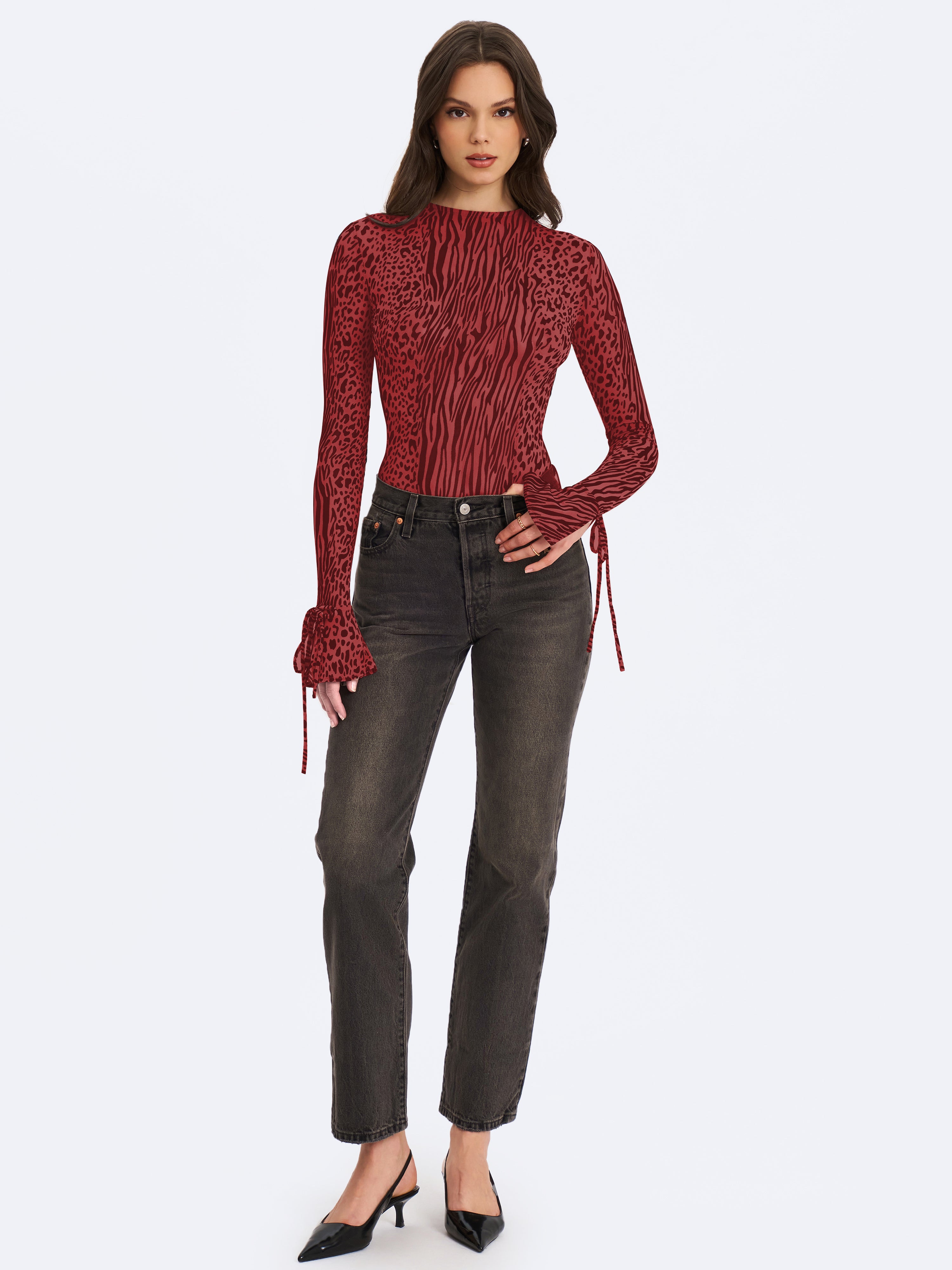 Ibera Burgundy Animal Print Burnout Velvet Long Sleeve Bodysuit