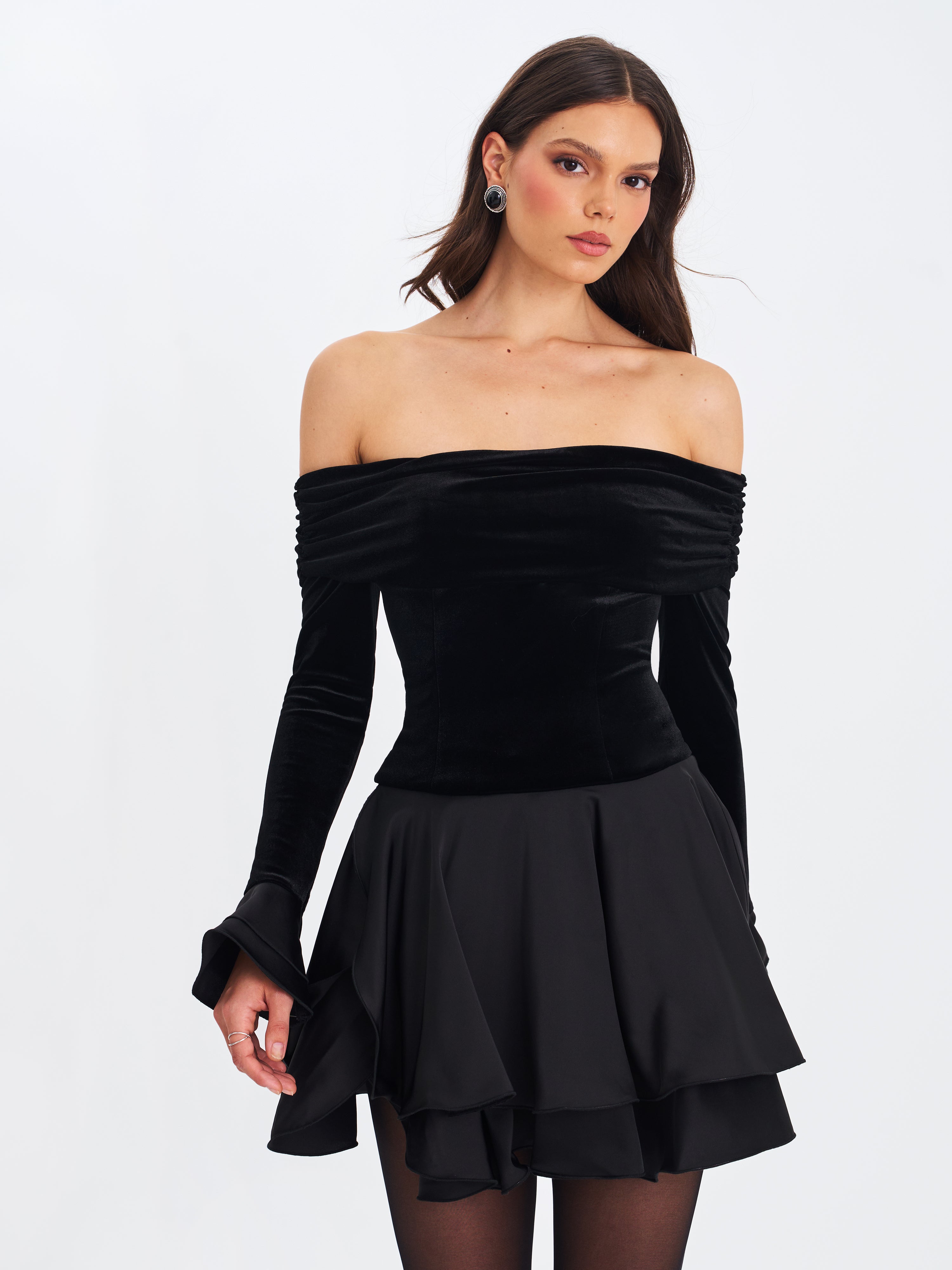 Magnolia Black Off-Shoulder Layered Satin Mini Dress