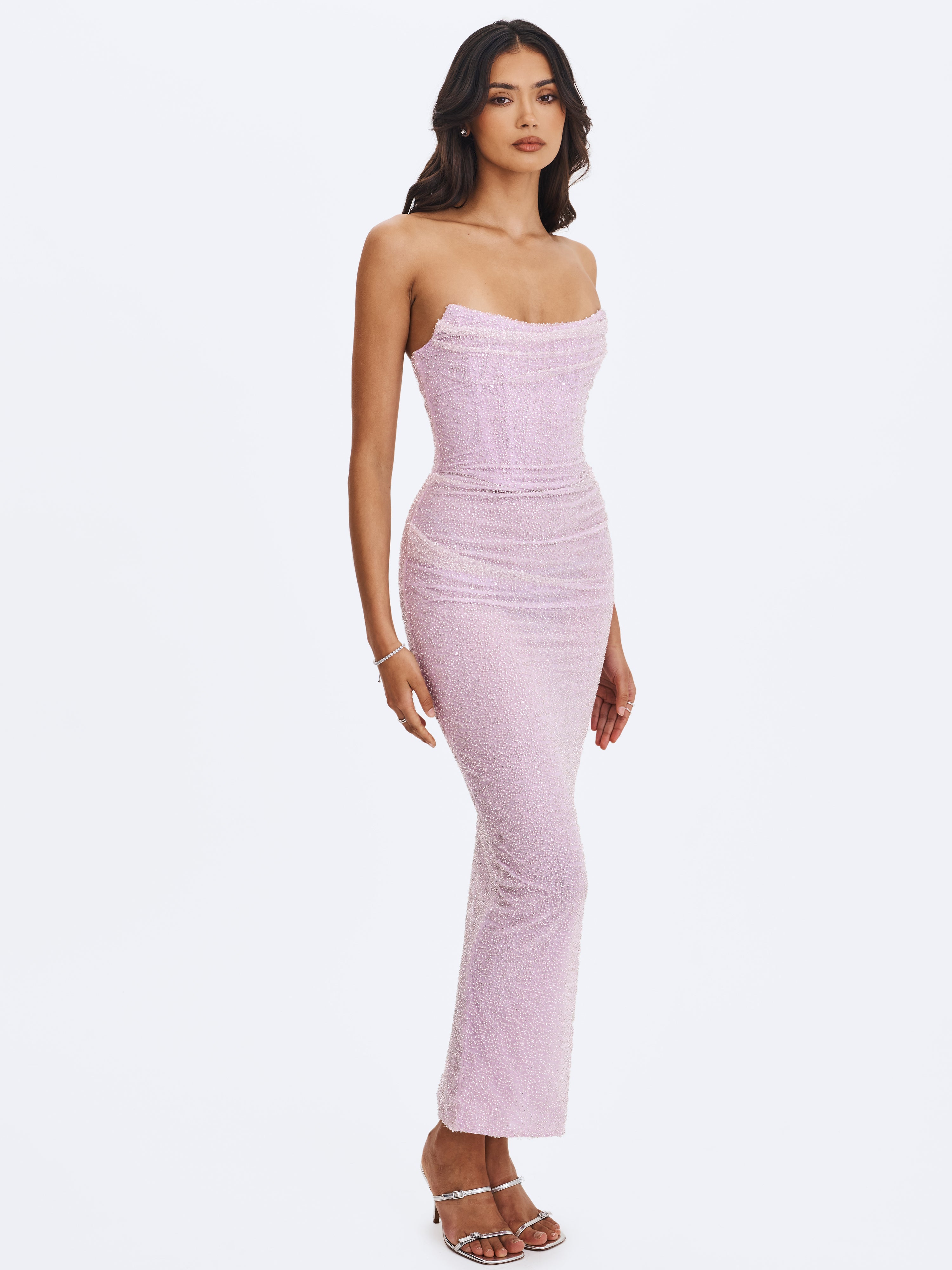 Raylee Lilac Beaded Mesh Strapless Sheath Maxi Dress