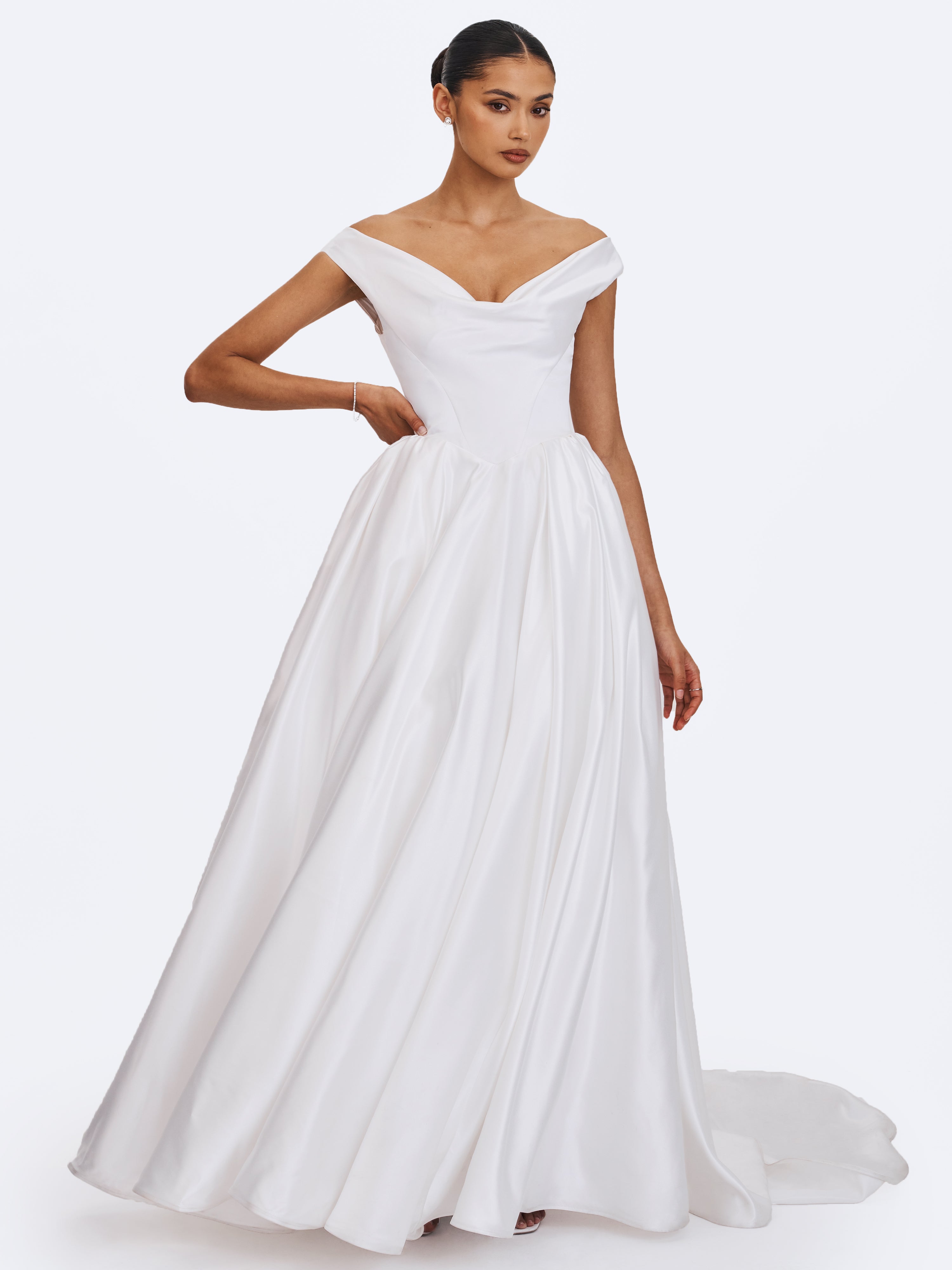 Unna White Satin Bardot Cowl Wedding Gown (PREORDER)
