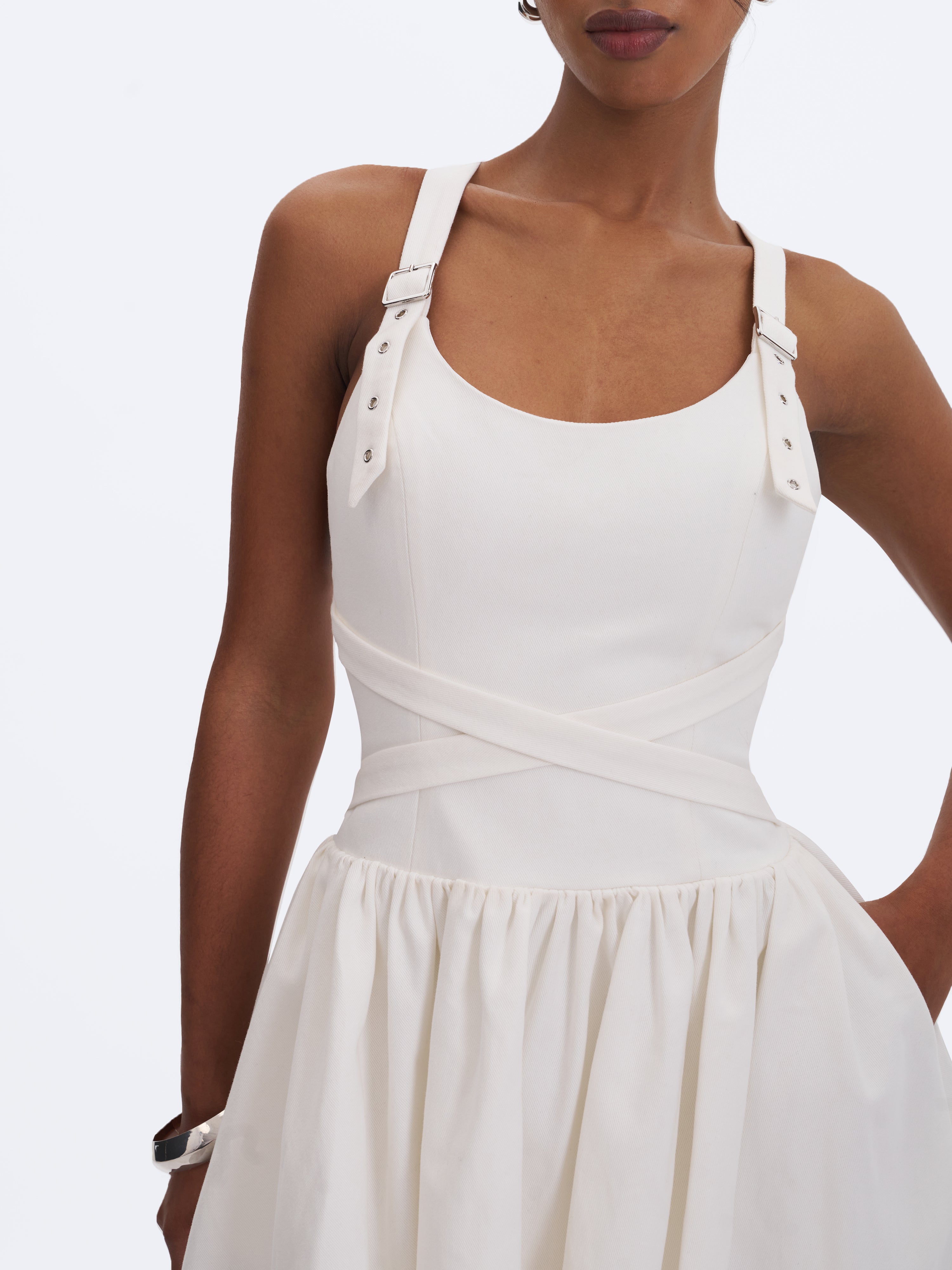 Francine White Cotton Denim Crossover Strap Mini Dress
