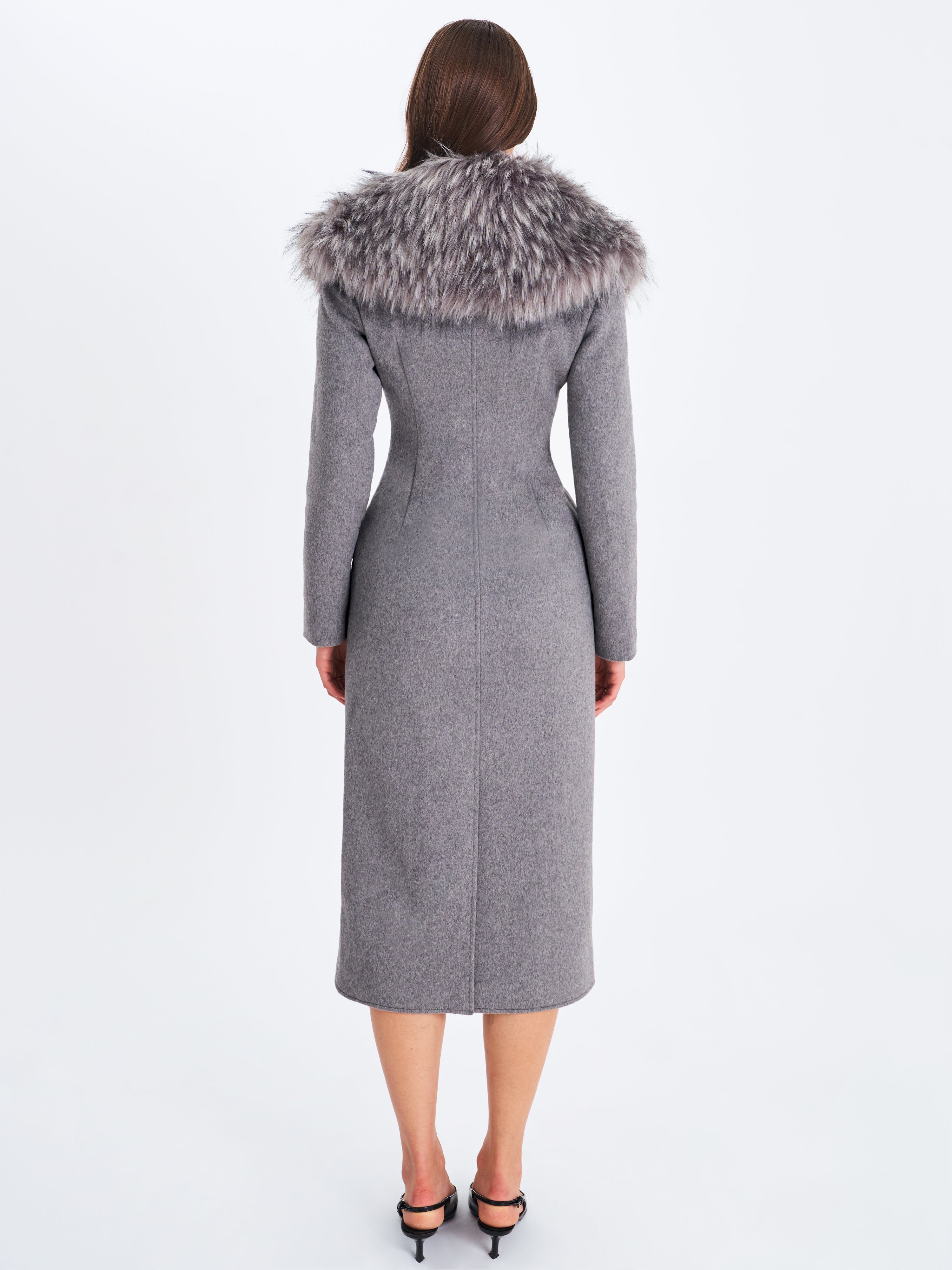 Faye Grey Wool Blend Single-Breasted Coat with Removable Faux Fur Collar
