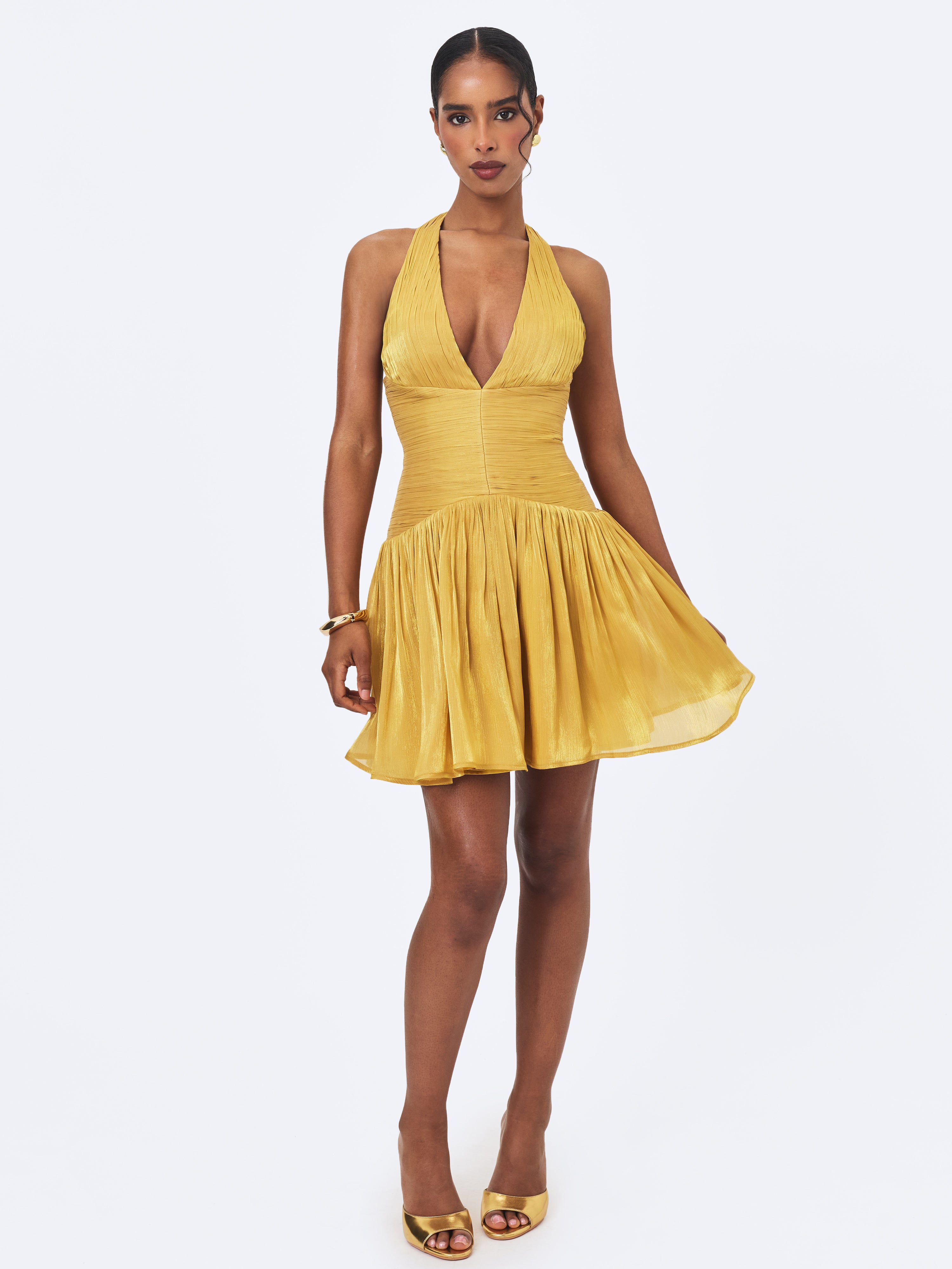 Xavia Gold Crystal Organza Plunging Halter Mini Dress