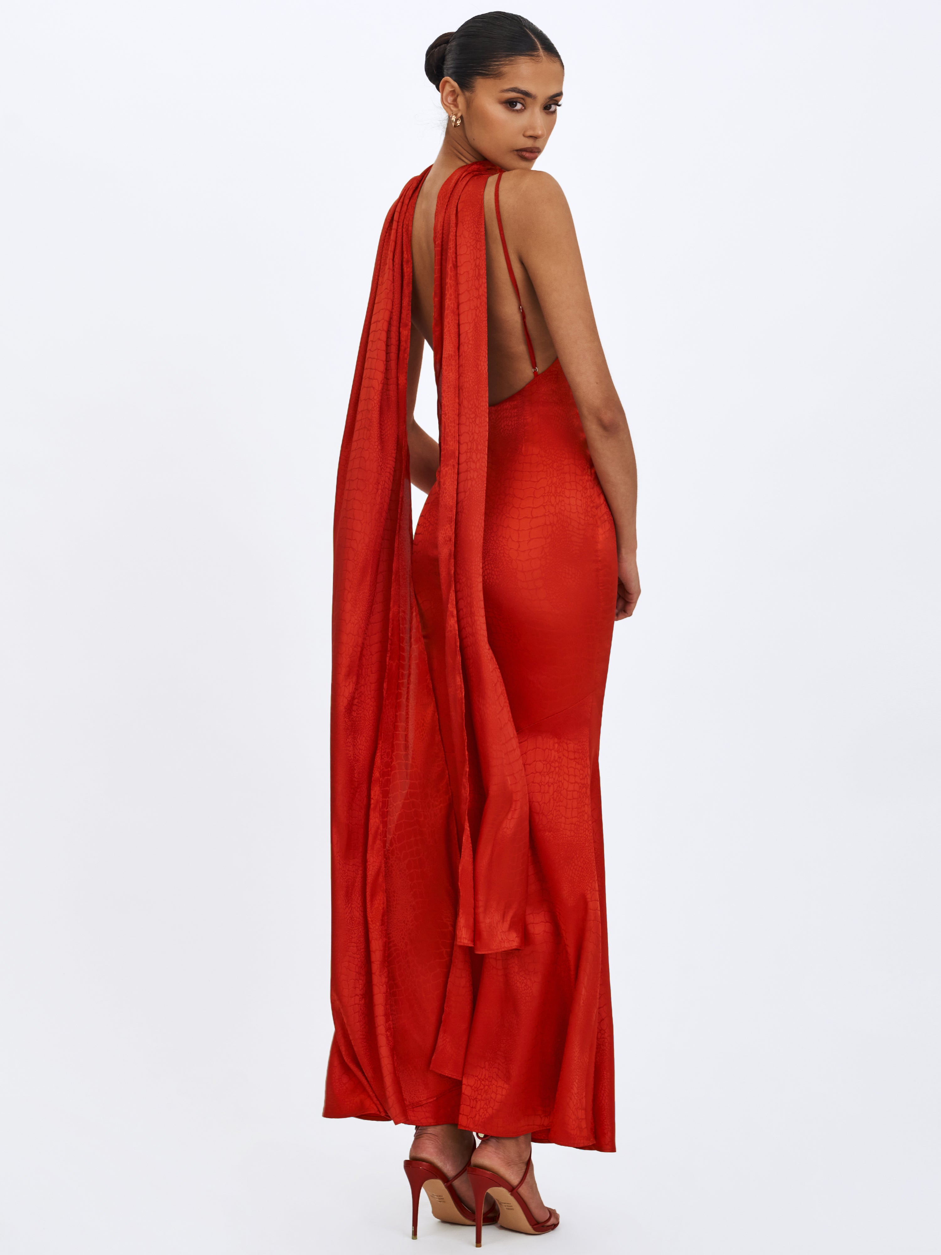 Kelsey Scarlet Croc-Embossed Flared Hem Maxi Dress with Scarf