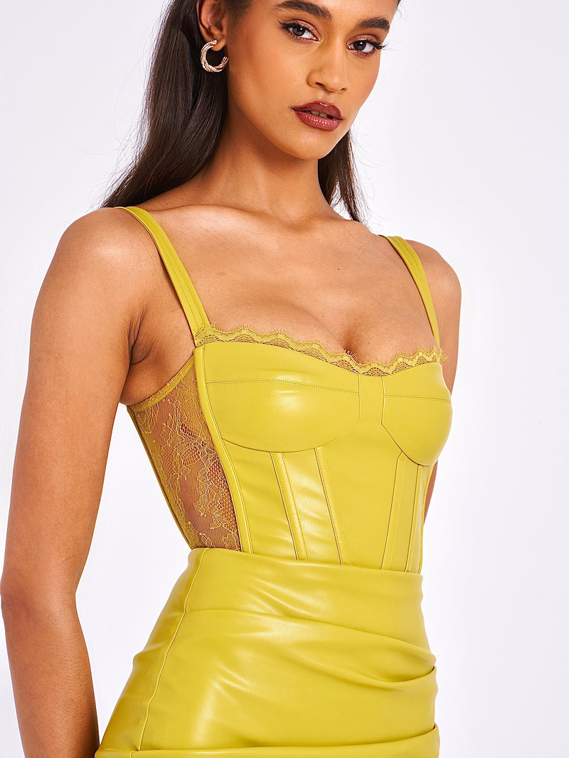 Betsy Olive Corset Vegan Leather Dress with Lace Detailed