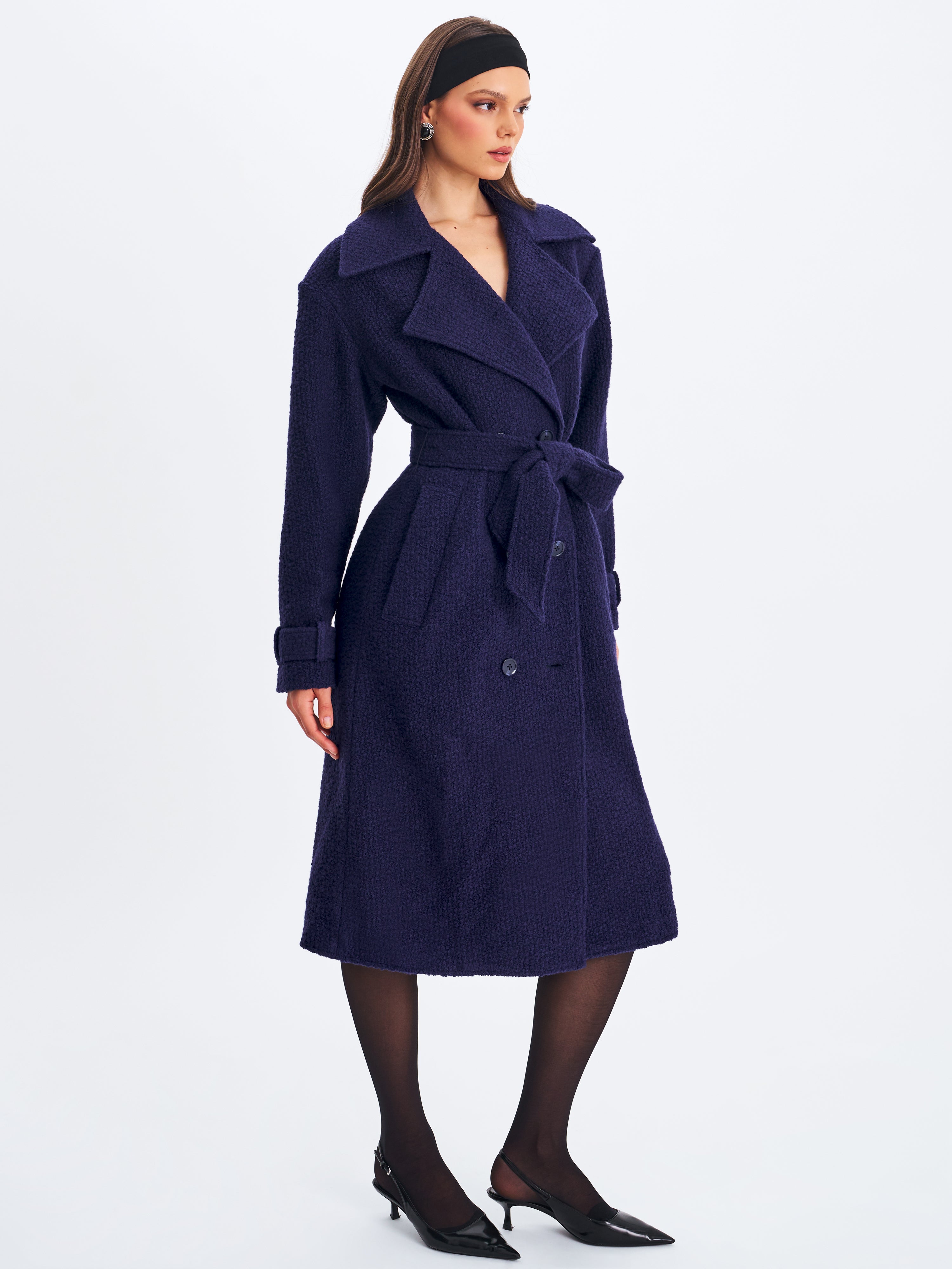Jaelyn Midnight Blue Wool Blend Double-Breasted Belted Coat